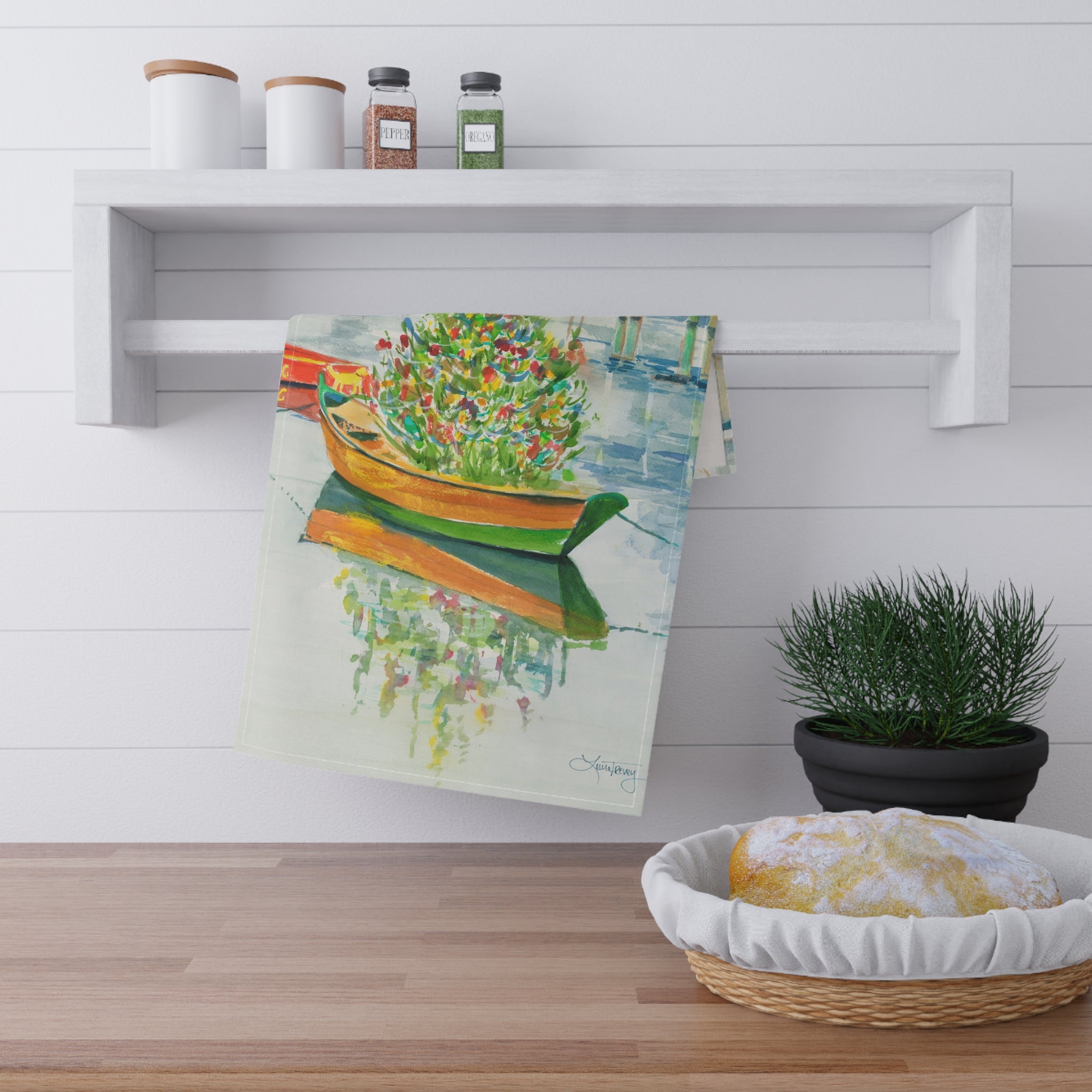Christmas on Nantucket watercolor tea towel by Laura Trevey, part of the holiday gift set