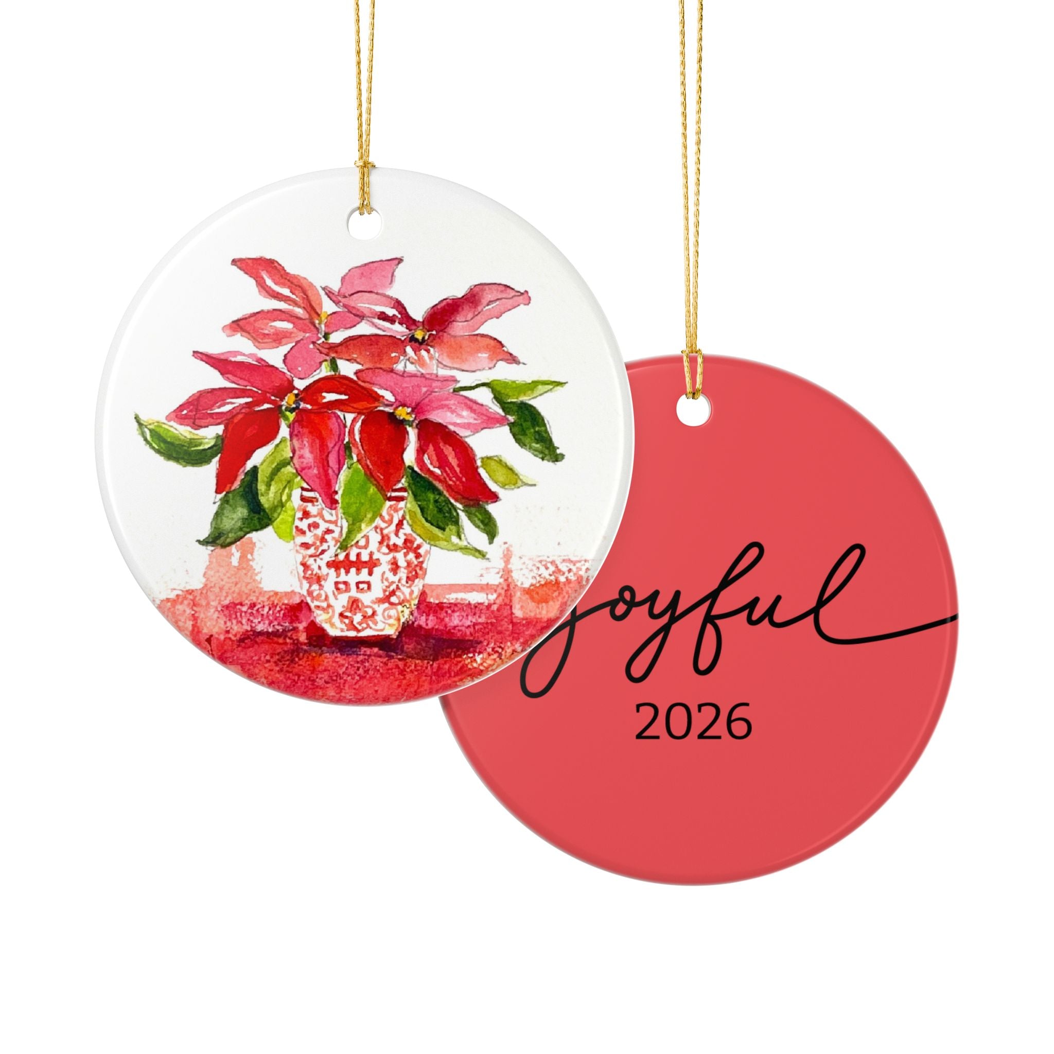 Two round hanging ornaments on a white background. One ornament shows a colorful watercolor-style illustration of The Boca Raton with palm trees.