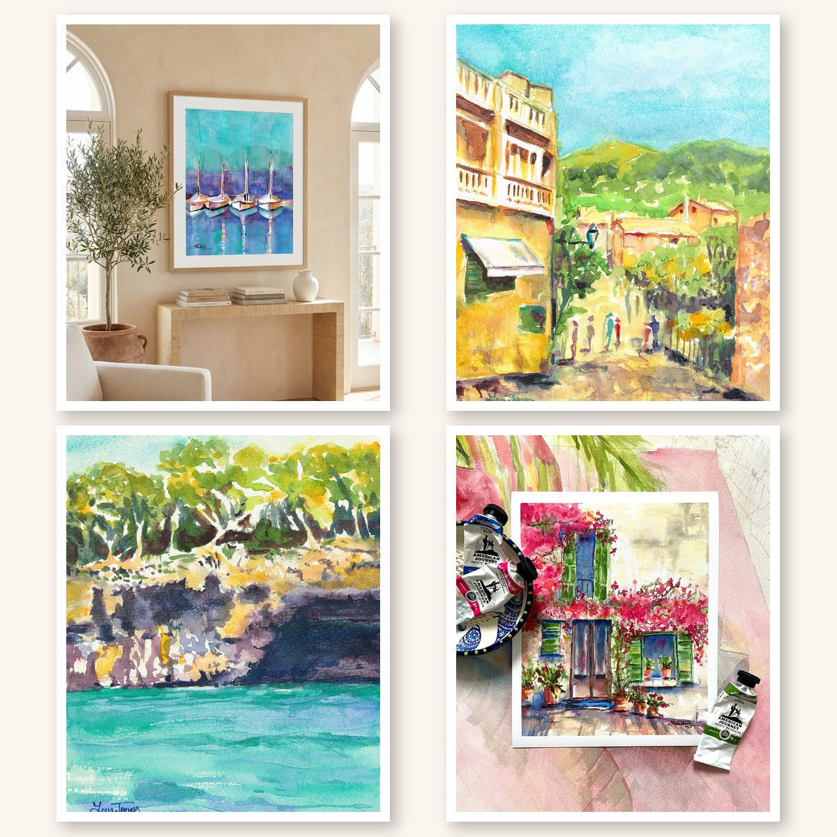 Mallorca Watercolor Prints | four giclee prints by Laura Trevey: Port de Soller, Valldemossa, Palma Cliffs and Pink Bougainvillea