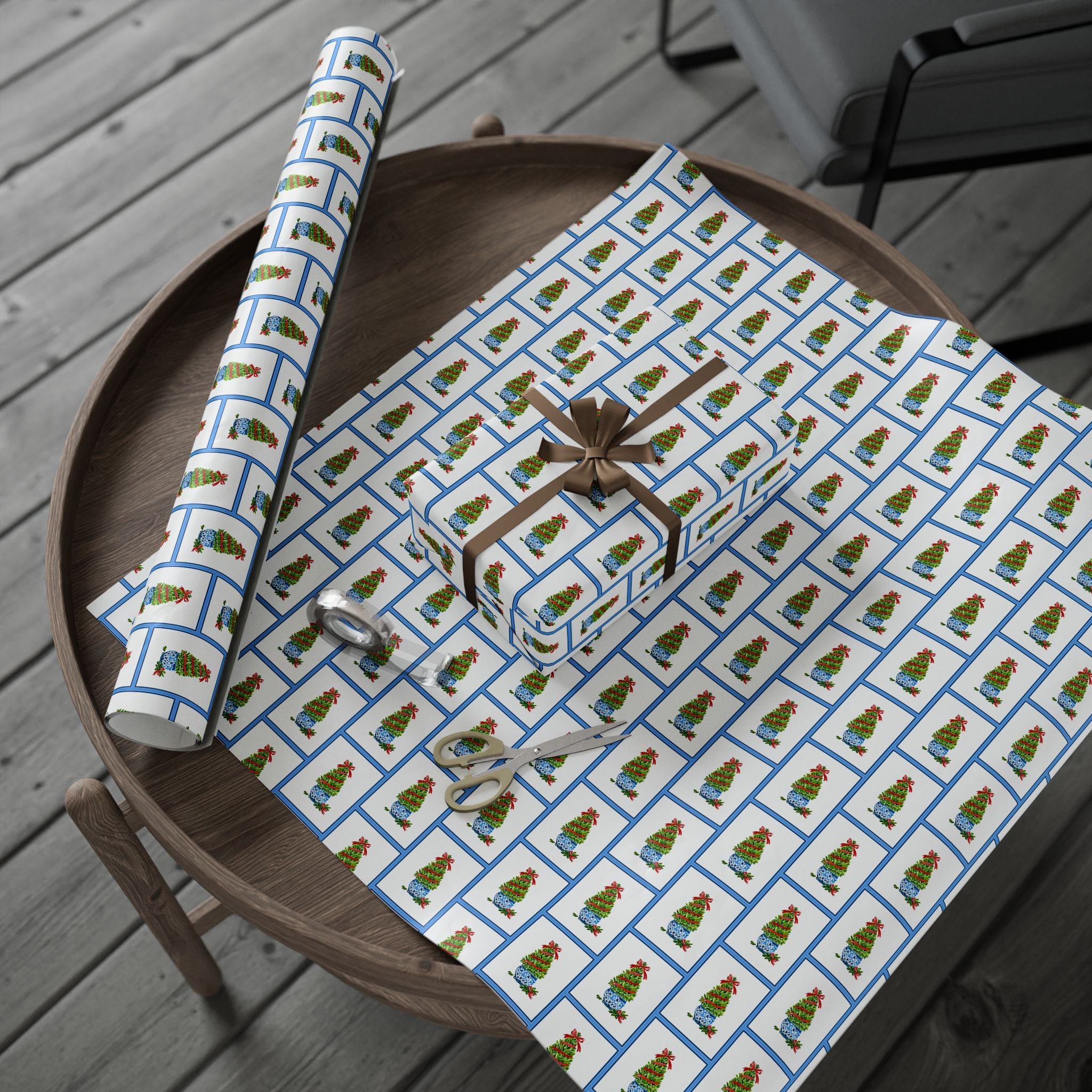 Blue Frame Topiary Wrapping Paper | Watercolor Boxwood Christmas Gift Wrap