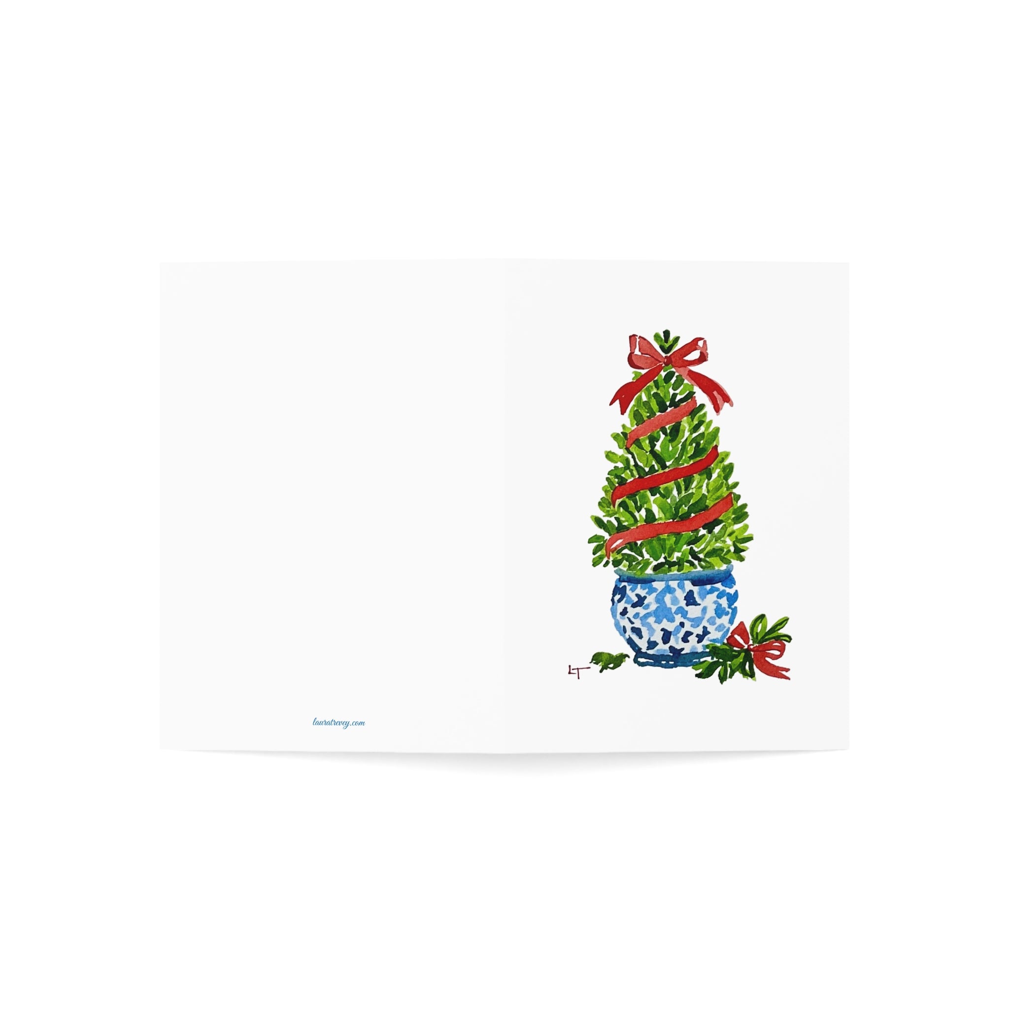Boxwood Christmas topiary with red ribbon in blue and white chinoiserie pot Christmas card opened flat, front and back cover