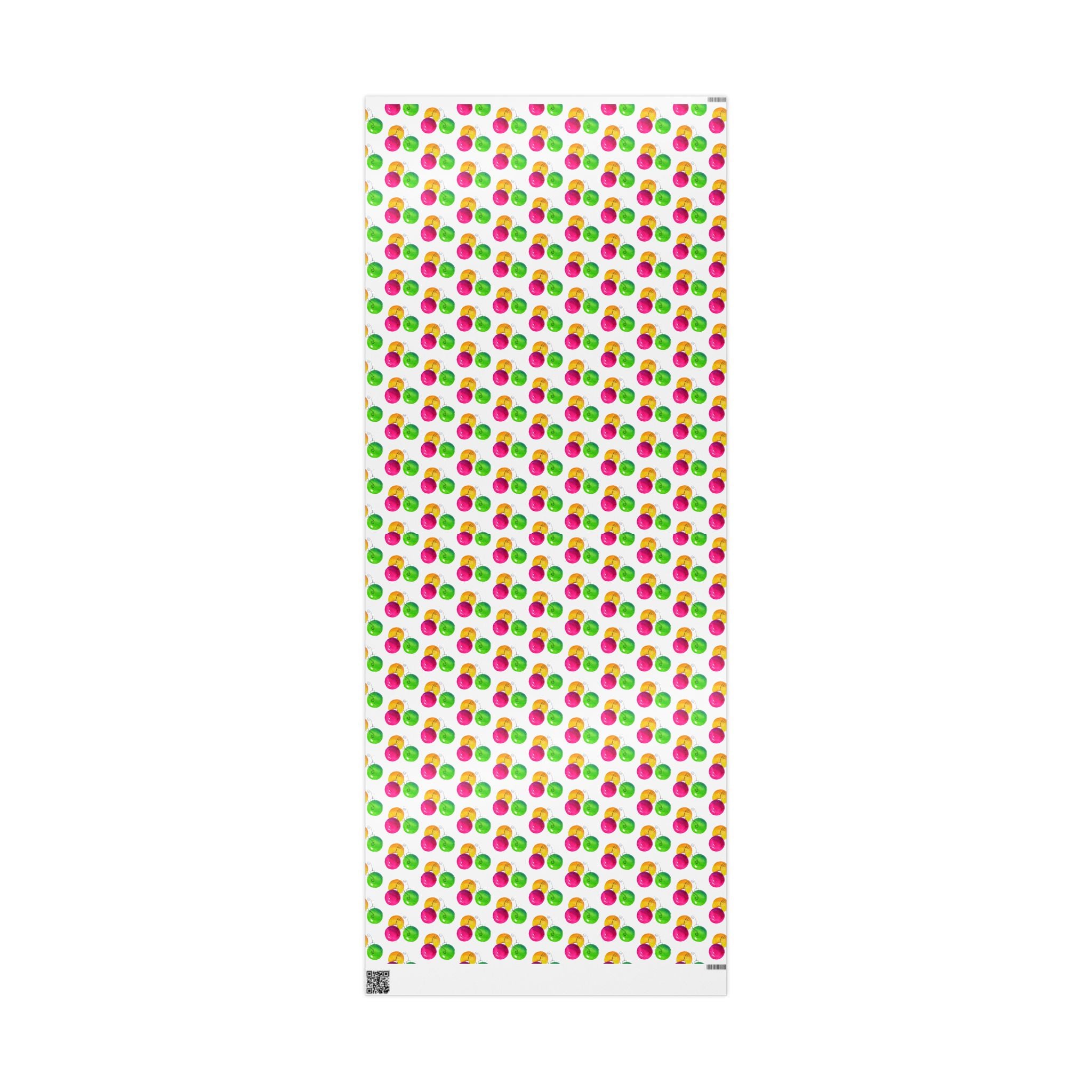 Watercolor Christmas Ornament Wrapping Paper | Pink & Lime Holiday Gift Wrap Roll – 30x72 sheet showing the full pink, lime and gold ornament pattern