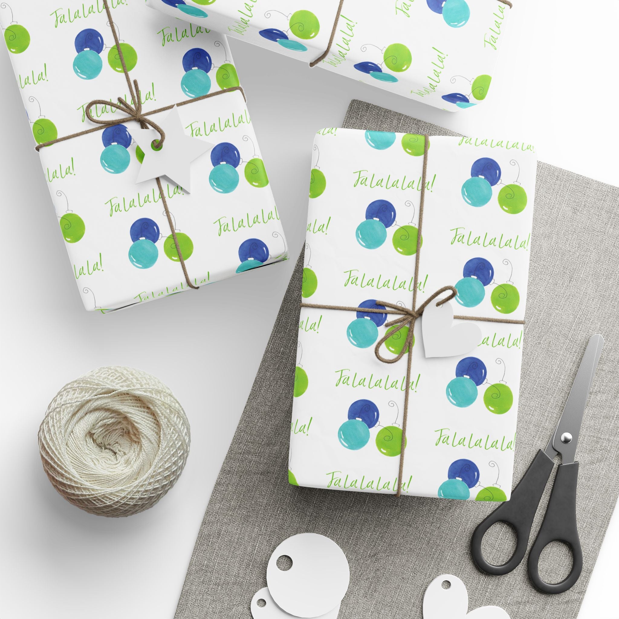 Fa La La La La! Wrapping Paper | Blue & Lime Watercolor Christmas Gift Wrap – gifts wrapped in blue, turquoise and lime watercolor ornament paper with twine, gift tags and scissors