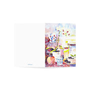 Orchid in a Tea Cup watercolor greeting card, opened flat showing front and back cover