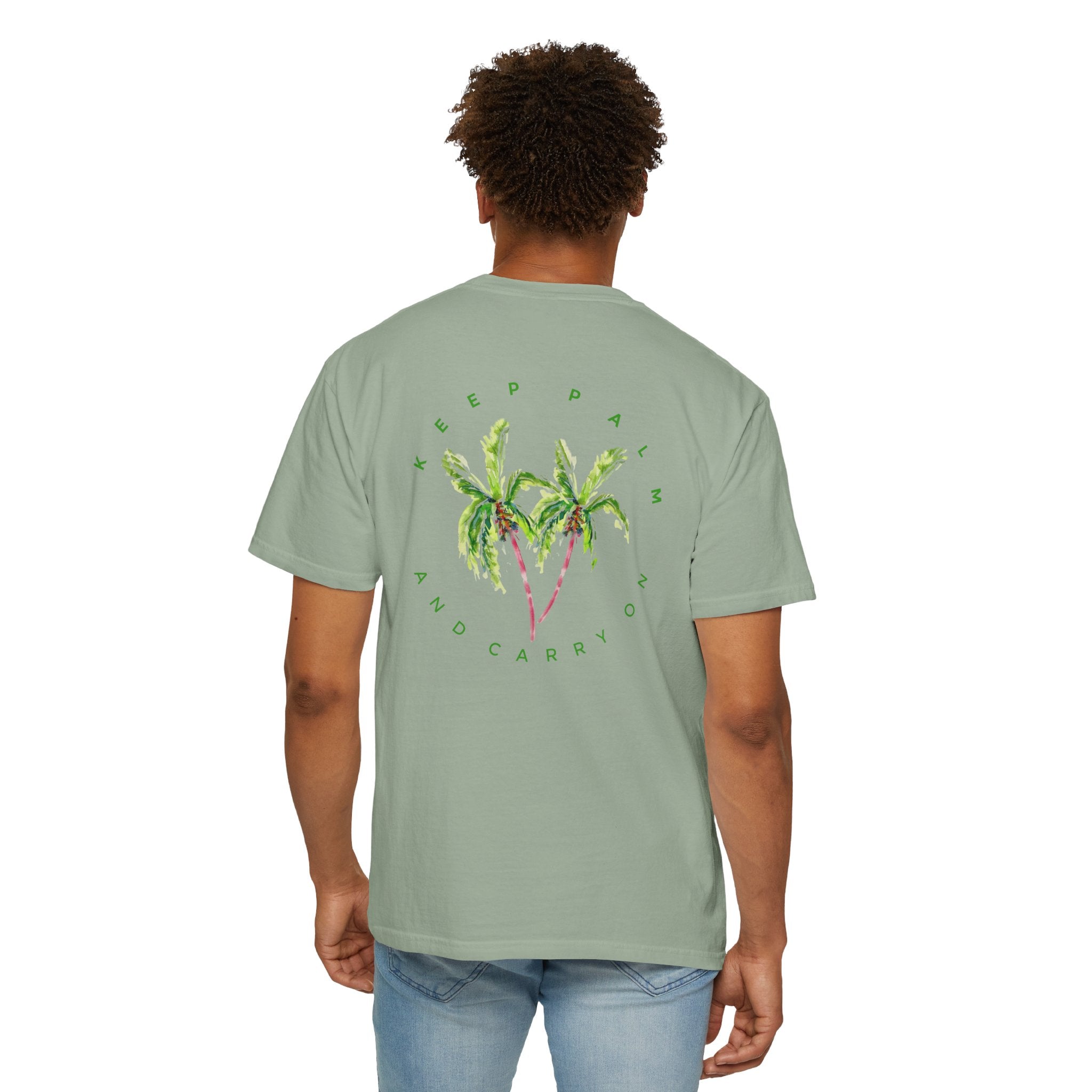 Keep Palm and Carry On Comfort Colors T-Shirt - Original Watercolor Palm Tree Tee by Laura Trevey (view 10)
