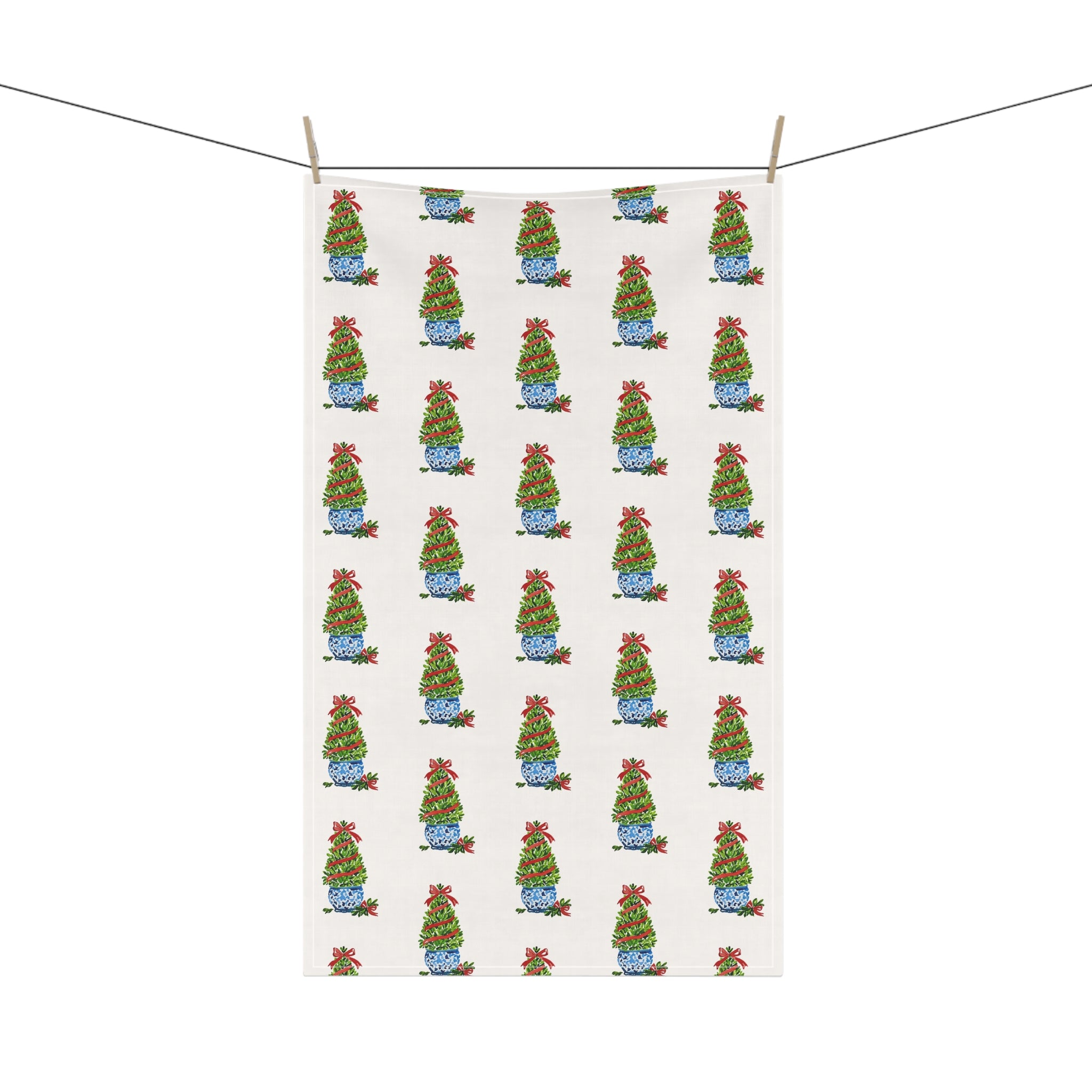 Boxwood Christmas Topiary Tea Towel | Watercolor Holiday Kitchen Towel