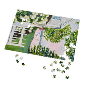 New England Hydrangea Jigsaw Puzzle by Laura Trevey, white hydrangeas and American flag puzzle pieces coming together