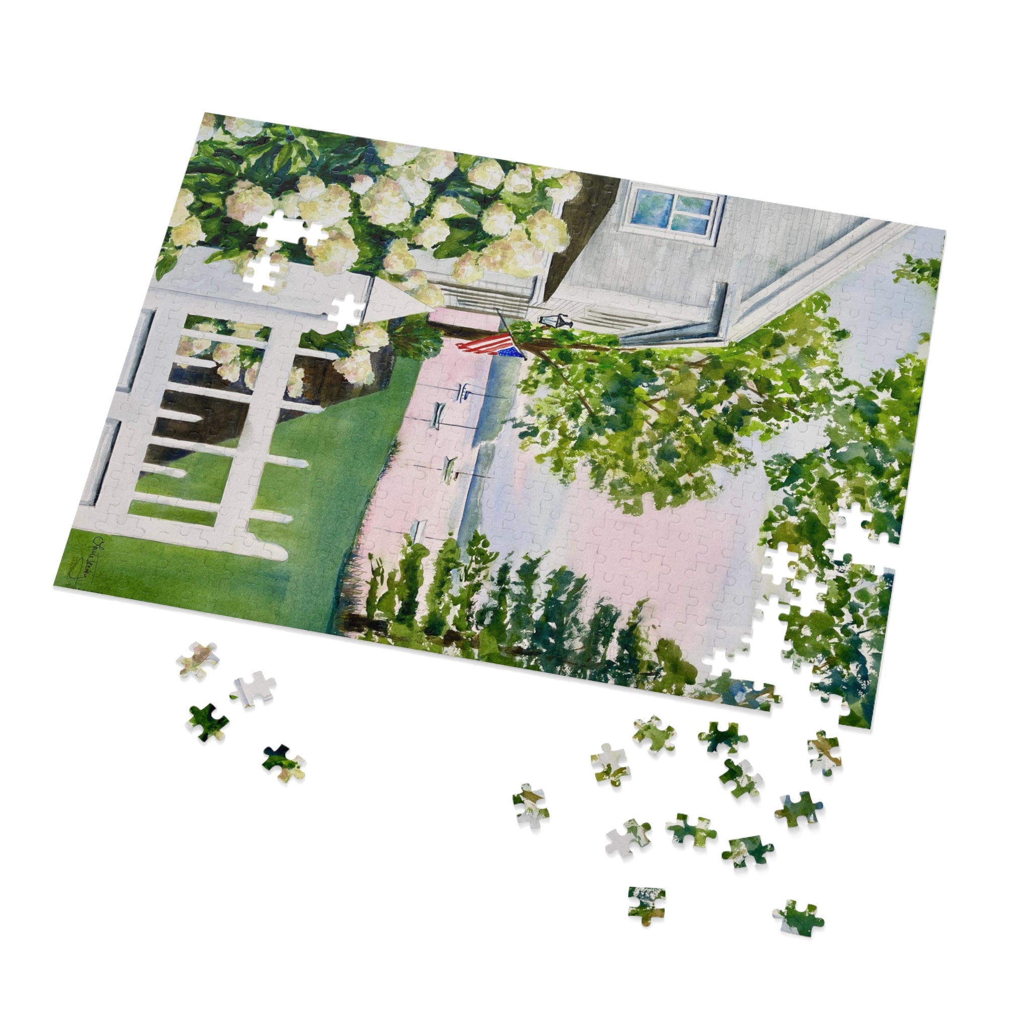 New England Hydrangea Jigsaw Puzzle by Laura Trevey, white hydrangeas and American flag puzzle pieces coming together