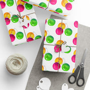 Watercolor Christmas Ornament Wrapping Paper | Pink & Lime Holiday Gift Wrap Roll – gifts wrapped in pink, lime and gold watercolor ornament paper with twine, gift tags and scissors