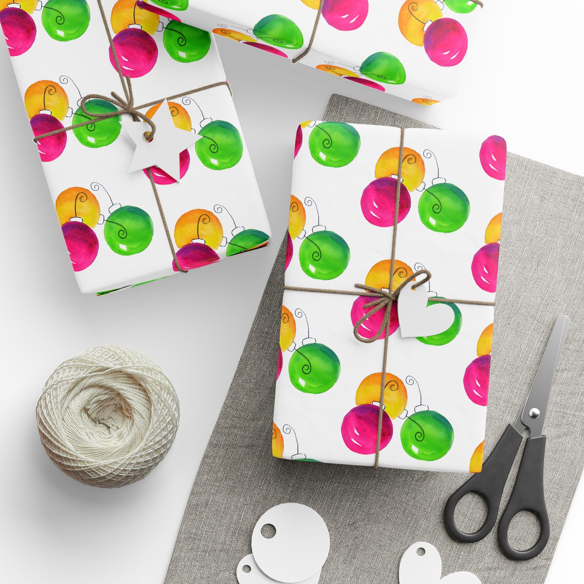 Watercolor Christmas Ornament Wrapping Paper | Pink & Lime Holiday Gift Wrap Roll – gifts wrapped in pink, lime and gold watercolor ornament paper with twine, gift tags and scissors