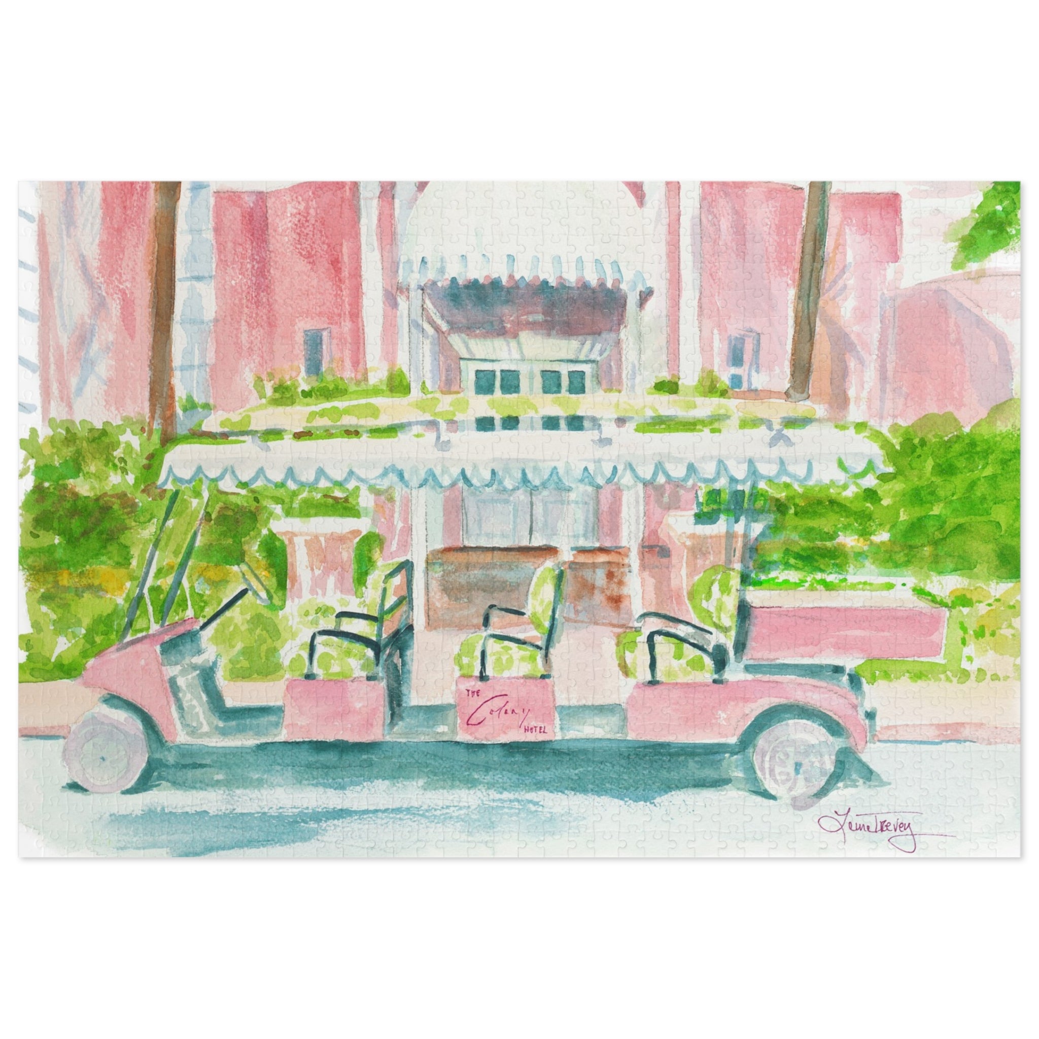 The Colony Hotel Jigsaw Puzzle by Laura Trevey, 1000 piece watercolor jigsaw puzzle (30" x 20") with gift tin
