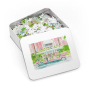 The Colony Hotel Jigsaw Puzzle by Laura Trevey, watercolor jigsaw puzzle in white metal gift tin with painting on the lid