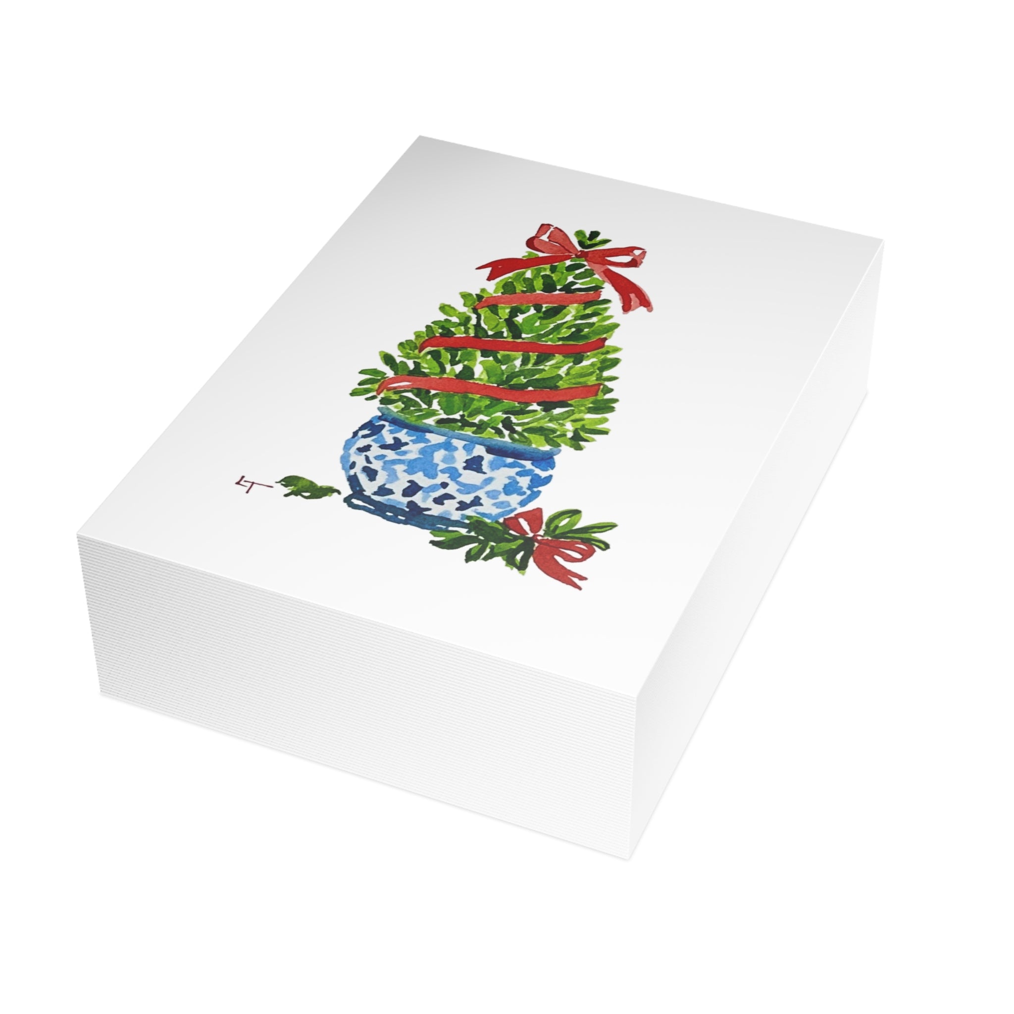 Boxwood Christmas topiary with red ribbon in blue and white chinoiserie pot holiday card bulk pack, 30 or 50 folded cards