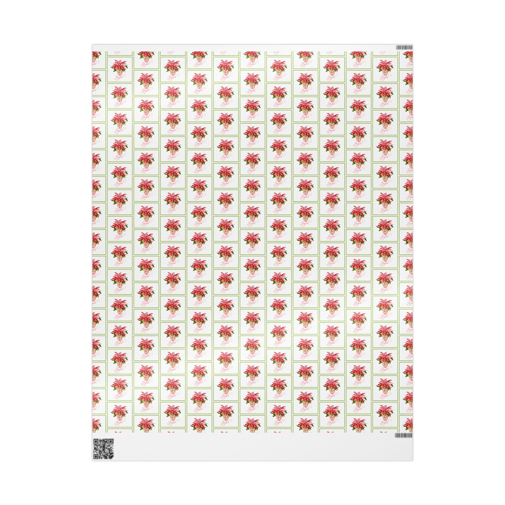 Joyful Red Poinsettia Wrapping Paper | Watercolor Christmas Gift Wrap – full flat roll showing the repeating poinsettia squares