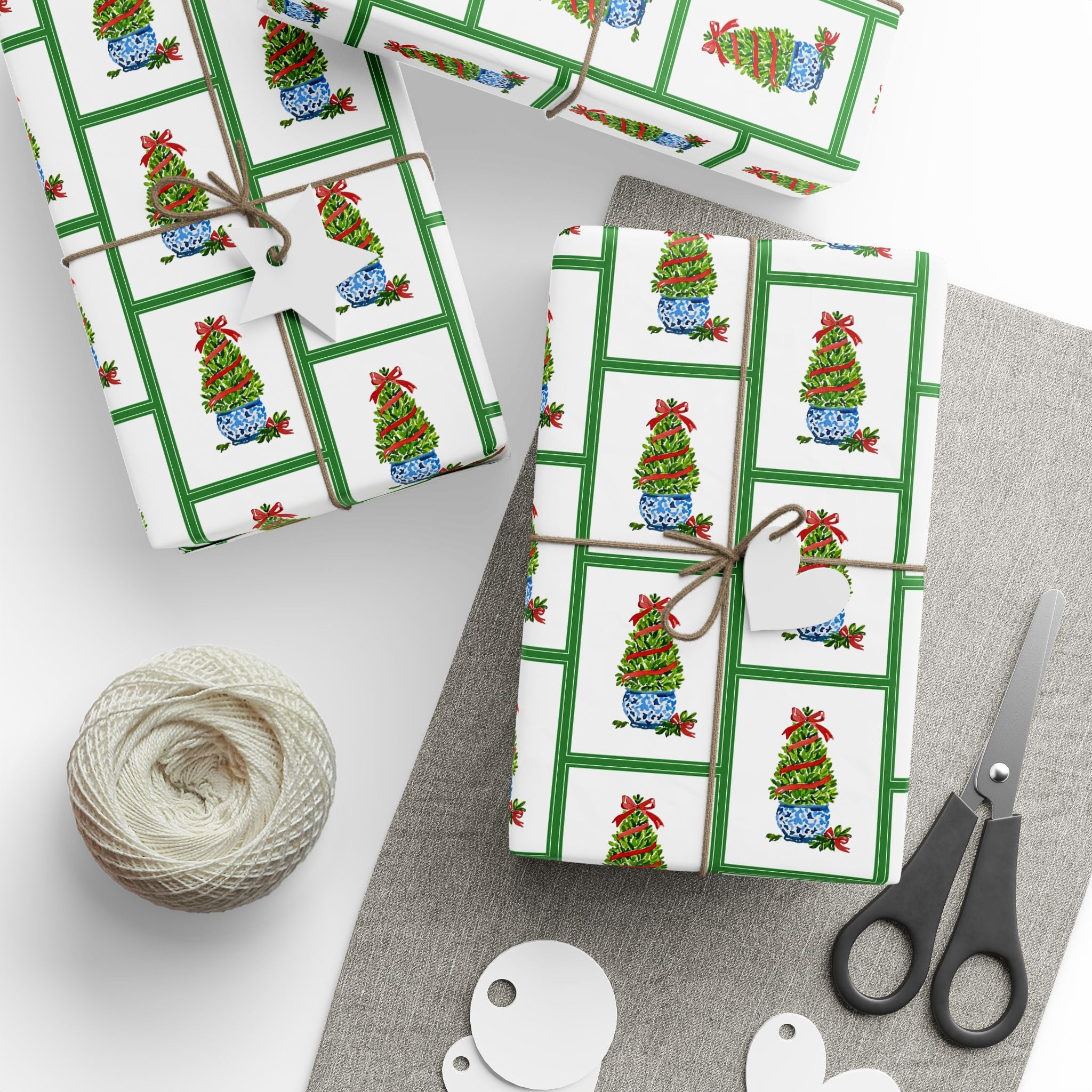 Green Frame Topiary Wrapping Paper | Watercolor Boxwood Christmas Gift Wrap