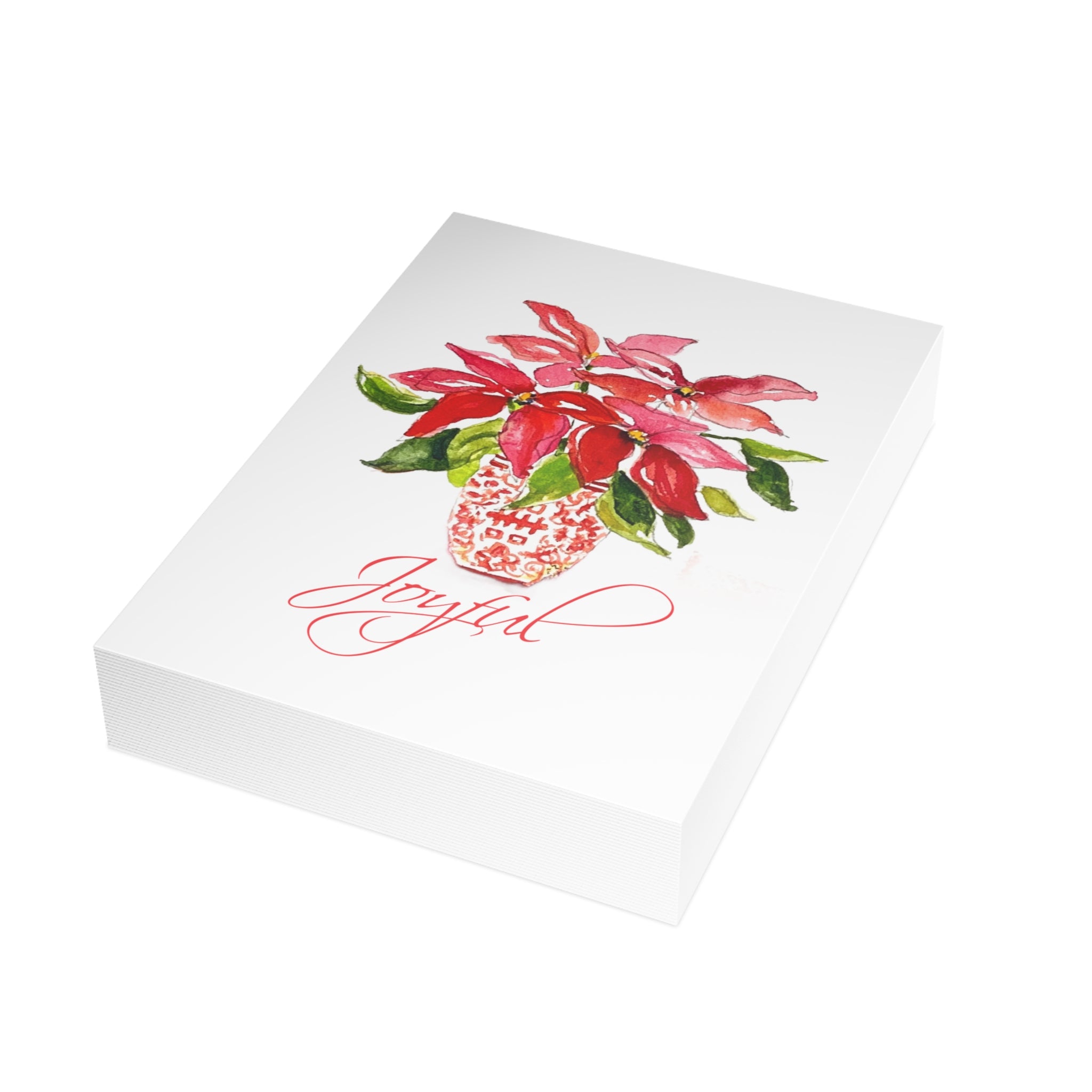 Joyful red poinsettia Christmas card pack, stack of 5x7 folded cards