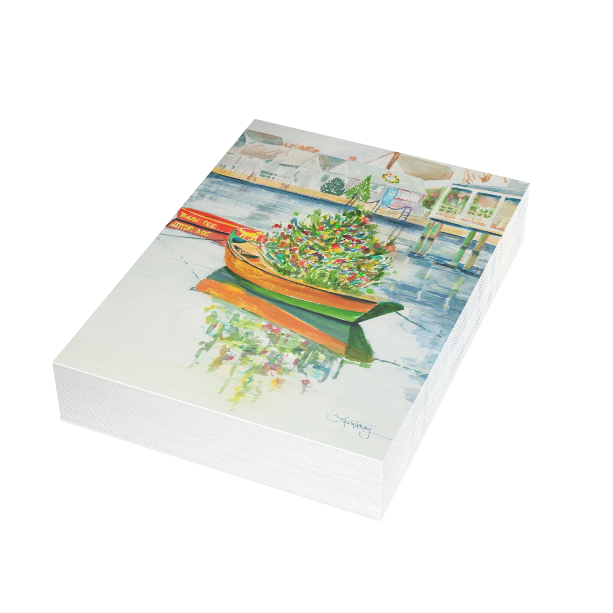 Christmas on Nantucket watercolor greeting card, stack of folded cards, view 2