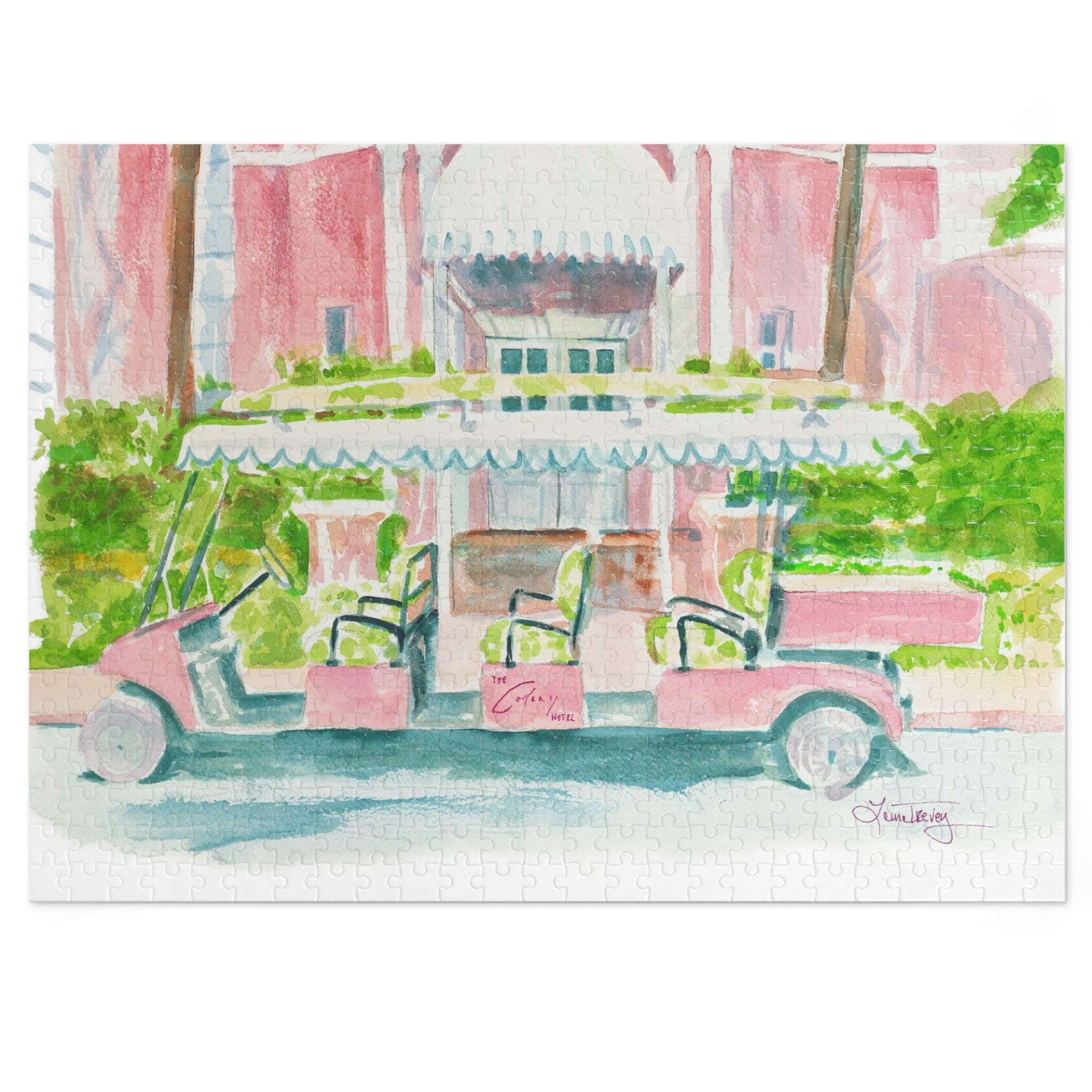 The Colony Hotel Jigsaw Puzzle by Laura Trevey, 500 piece watercolor jigsaw puzzle (21" x 15.5") with gift tin