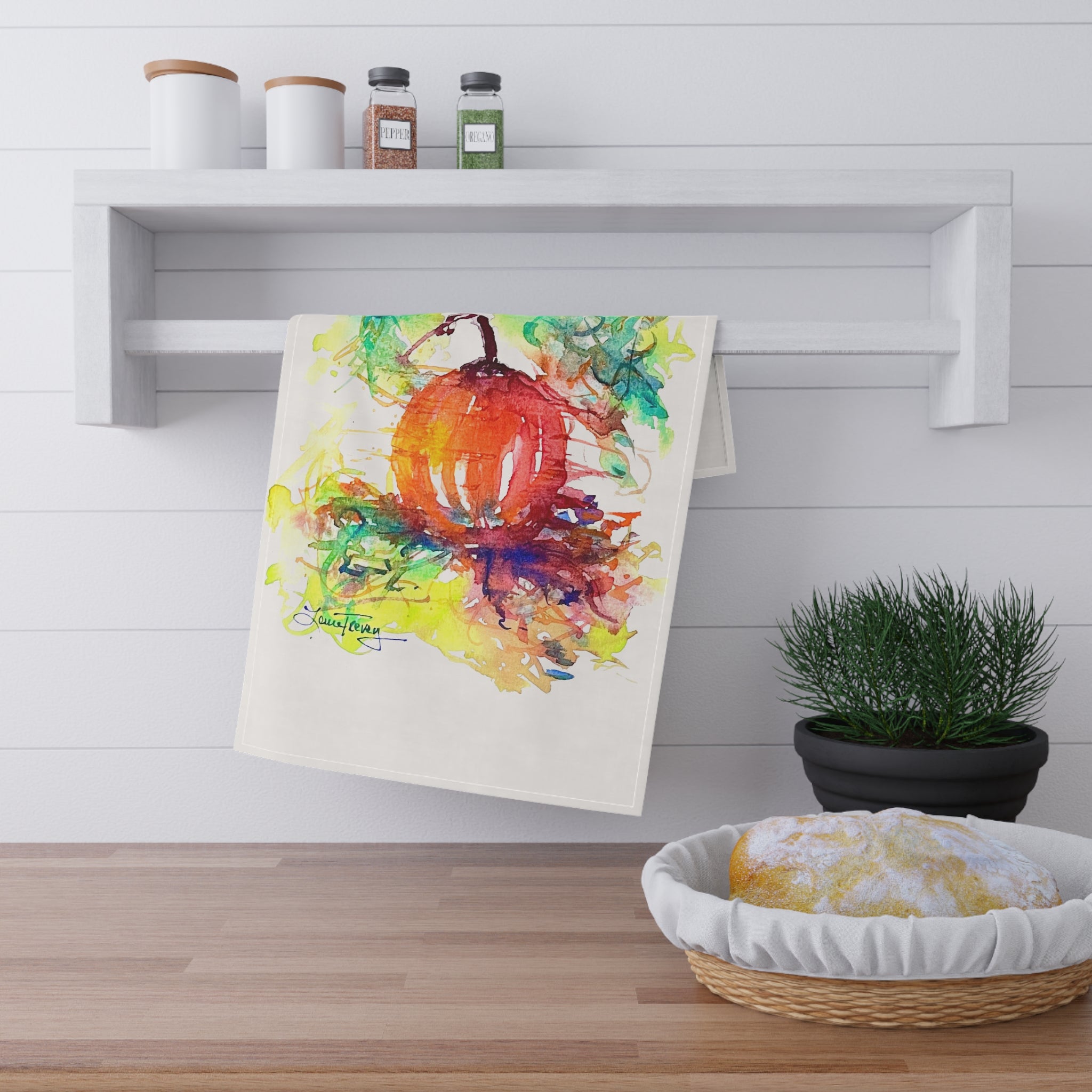Fall Pumpkin Watercolor Tea Towel by Laura Trevey