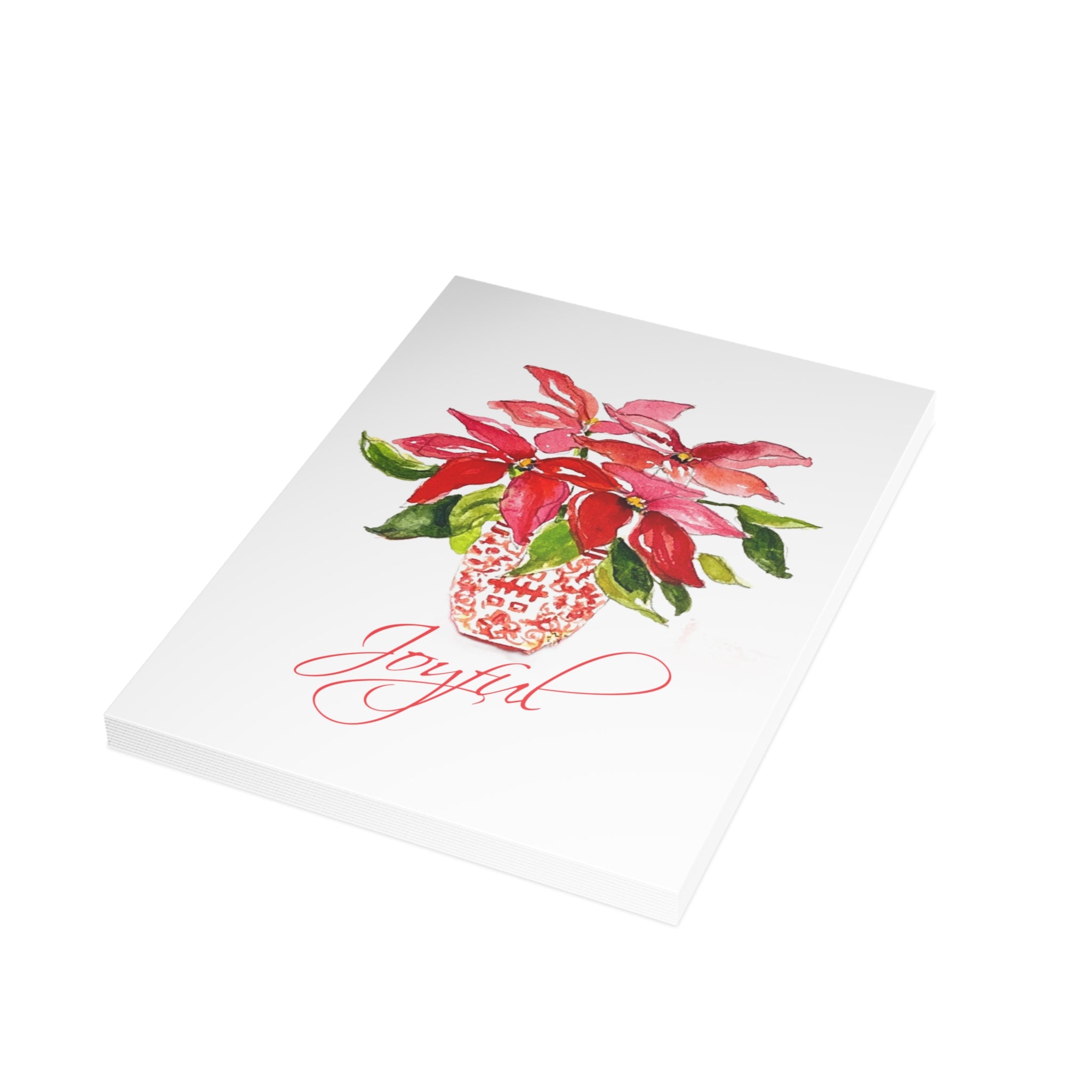 Joyful red poinsettia Christmas card, boxed set of folded cards, by Laura Trevey
