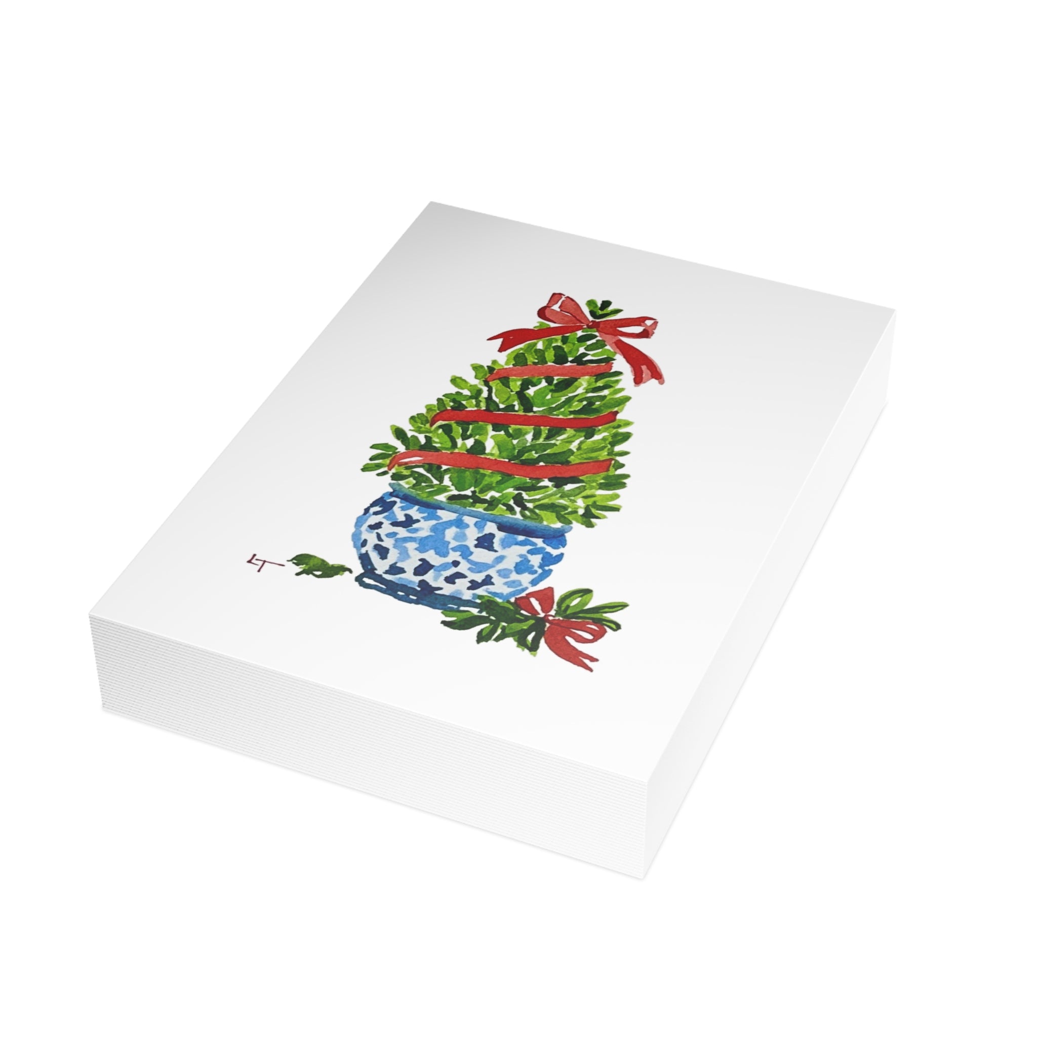 Boxwood Christmas topiary with red ribbon in blue and white chinoiserie pot Christmas card pack, stack of 5x7 folded cards