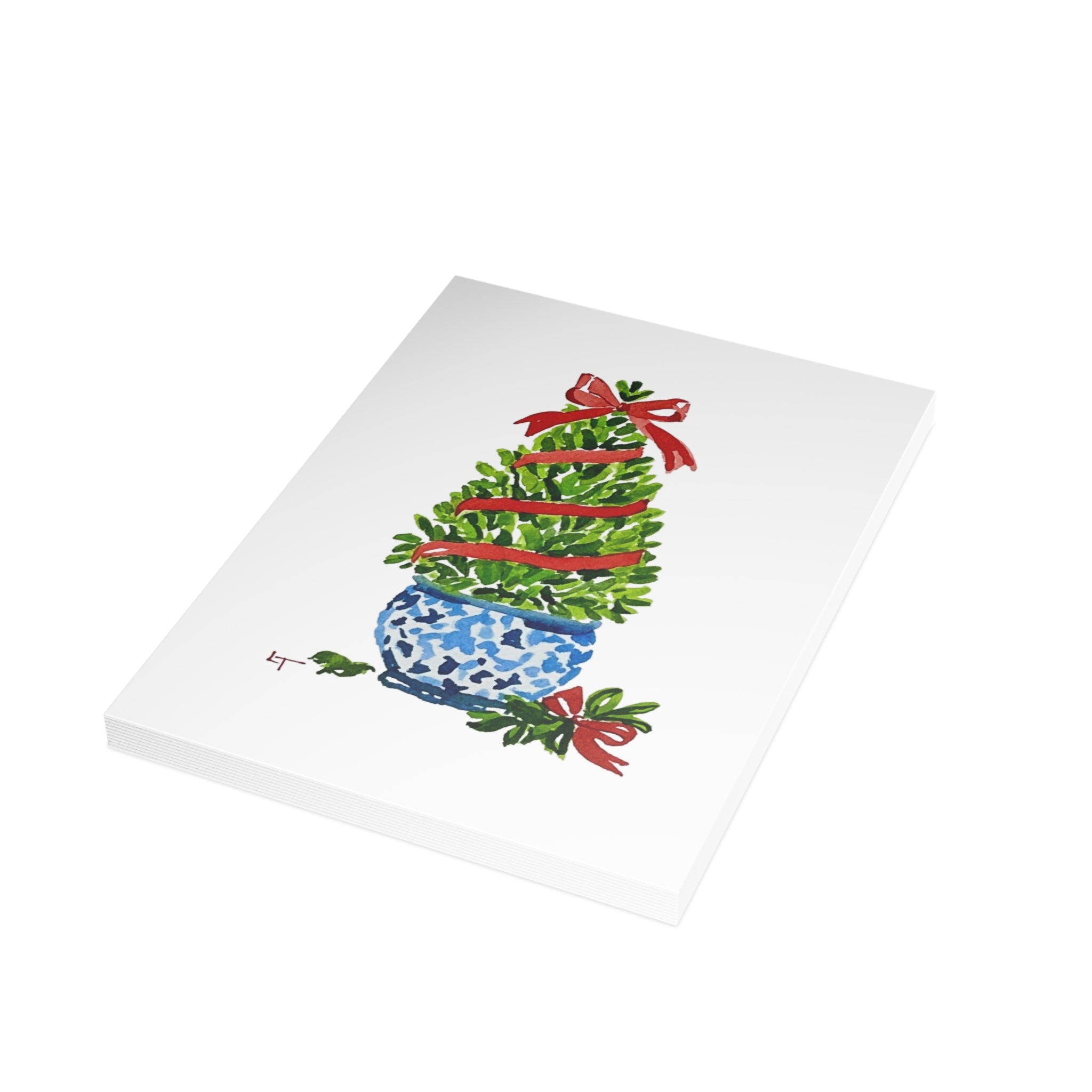 Boxwood Christmas topiary with red ribbon in blue and white chinoiserie pot Christmas card, boxed set of folded cards, by Laura Trevey