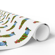 Christmas topiary wrapping paper with watercolor boxwood trees in blue and white chinoiserie pots by Laura Trevey, roll unrolled to show the design up close