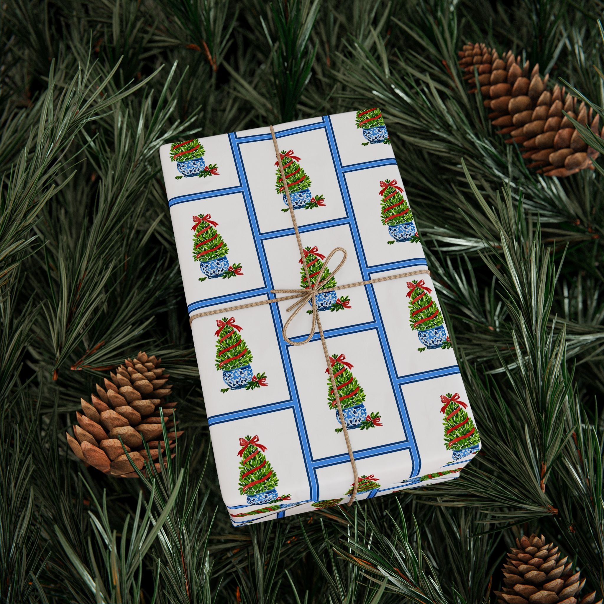 Blue Frame Topiary Wrapping Paper | Watercolor Boxwood Christmas Gift Wrap
