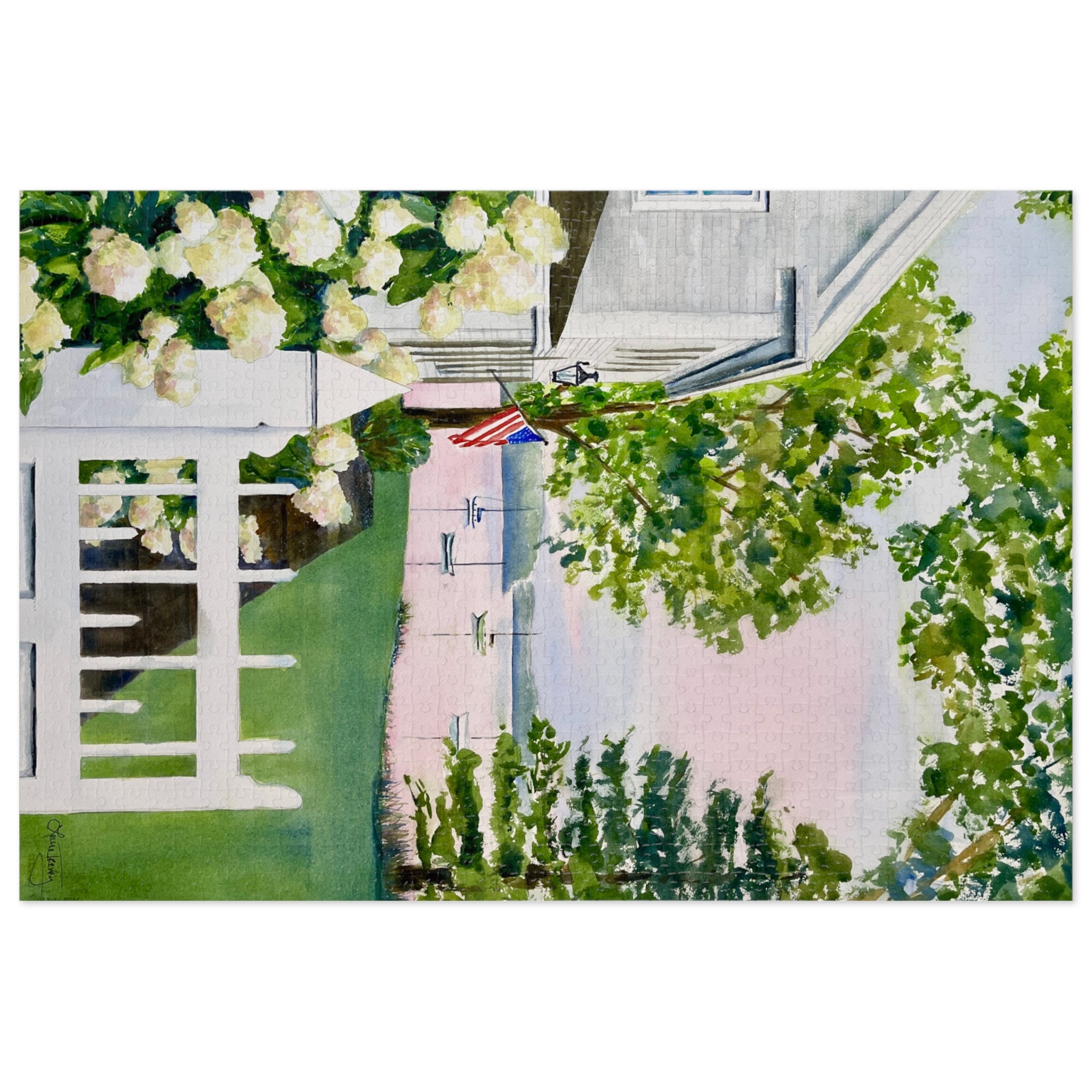 New England Hydrangea Jigsaw Puzzle by Laura Trevey, 1000 piece watercolor jigsaw puzzle (30" x 20") with gift tin