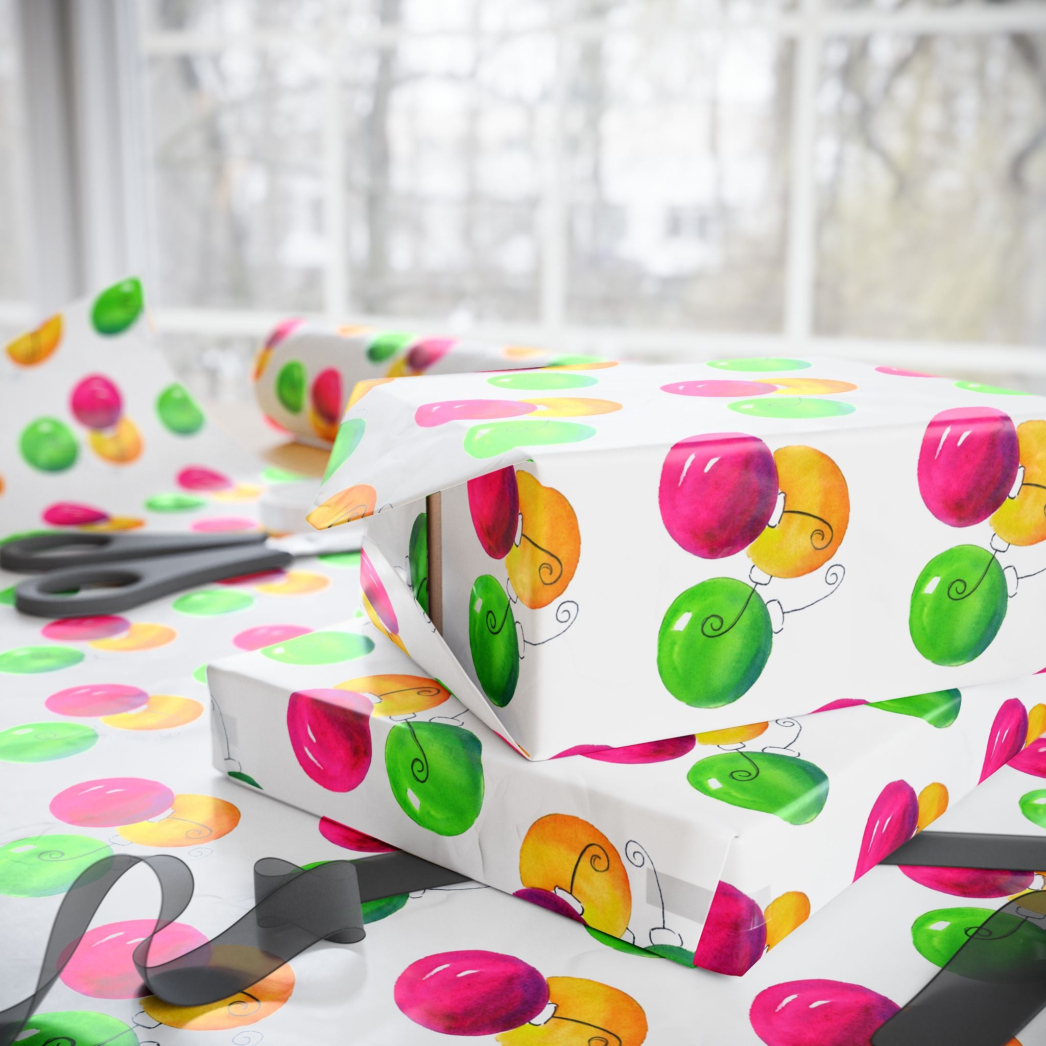Watercolor Christmas Ornament Wrapping Paper | Pink & Lime Holiday Gift Wrap Roll – stacked gifts and gift wrap with black ribbon in a bright holiday wrapping scene