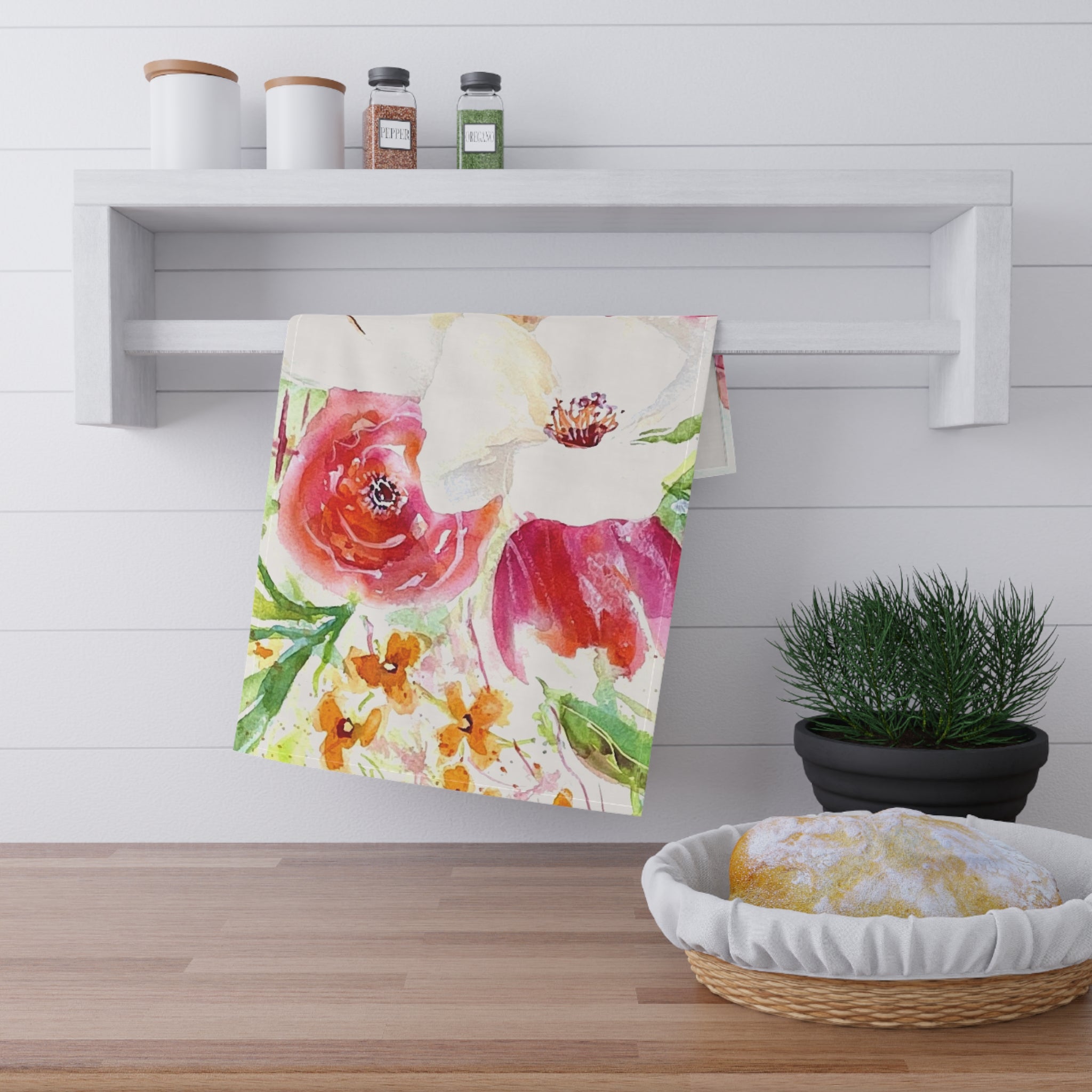 Floral Watercolor Tea Towel - Bright Garden Blooms Kitchen Towel by Laura Trevey (view 2)