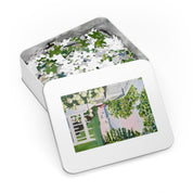 New England Hydrangea Jigsaw Puzzle by Laura Trevey, watercolor jigsaw puzzle in white metal gift tin with painting on the lid