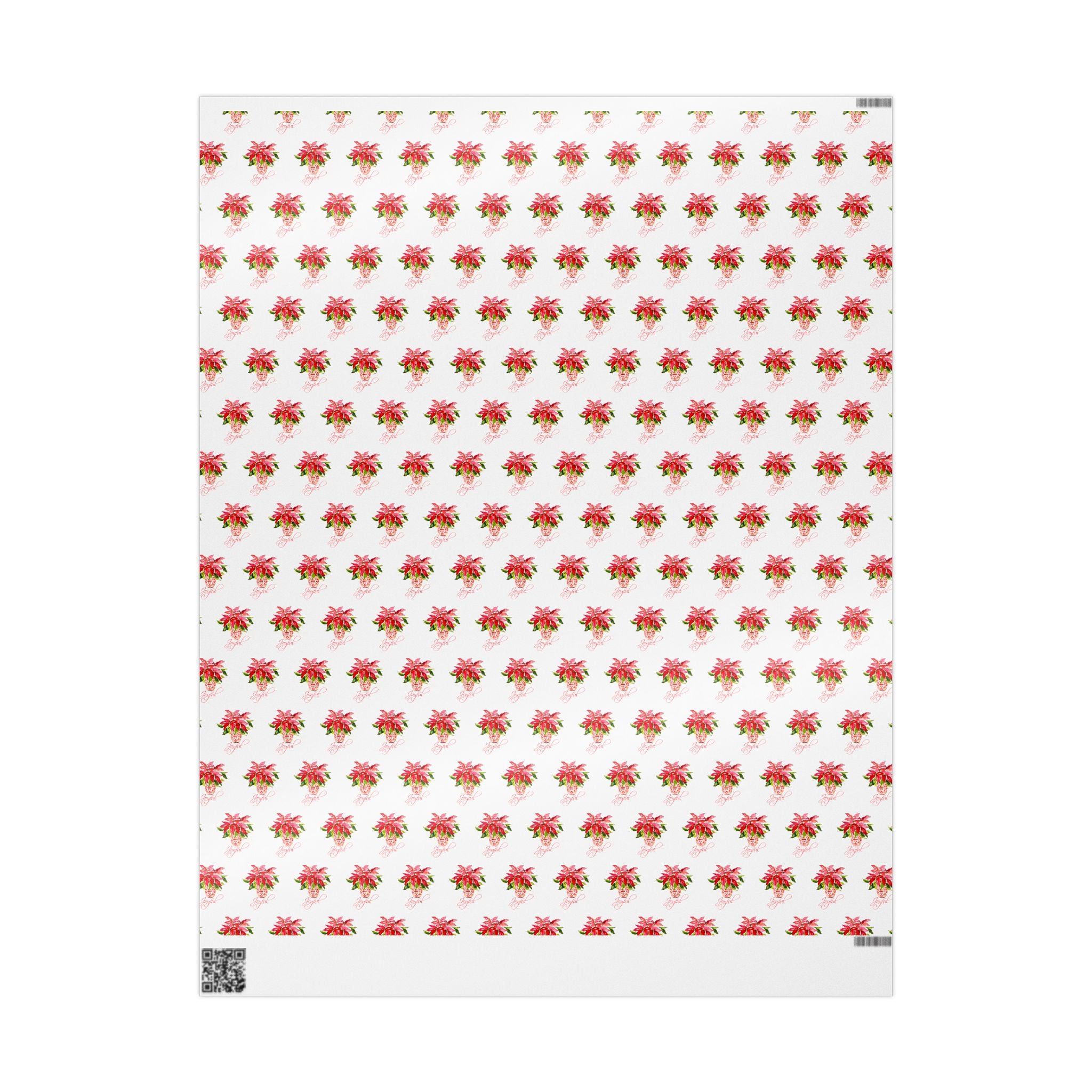 Poinsettia wrapping paper with red watercolor poinsettias on white by Laura Trevey, 30x36 sheet showing the full pattern