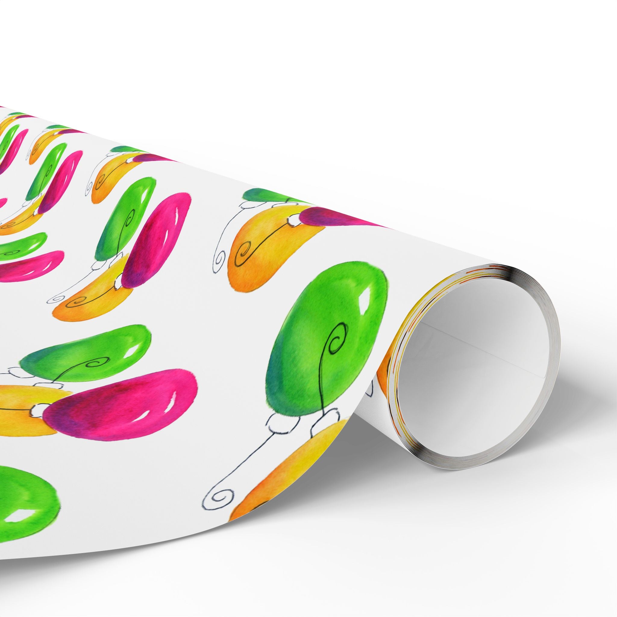 Watercolor Christmas Ornament Wrapping Paper | Pink & Lime Holiday Gift Wrap Roll – close-up of the rolled paper with hand-painted pink, lime and gold ornaments
