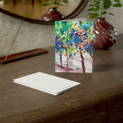 Fall Colorful Leaves watercolor greeting card, on a wooden dresser with envelope
