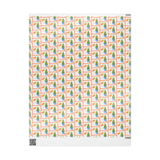 Citrus orange tree wrapping paper with watercolor orange trees in blue and white chinoiserie pots and Coastal Christmas script by Laura Trevey, 30x36 sheet showing the full pattern