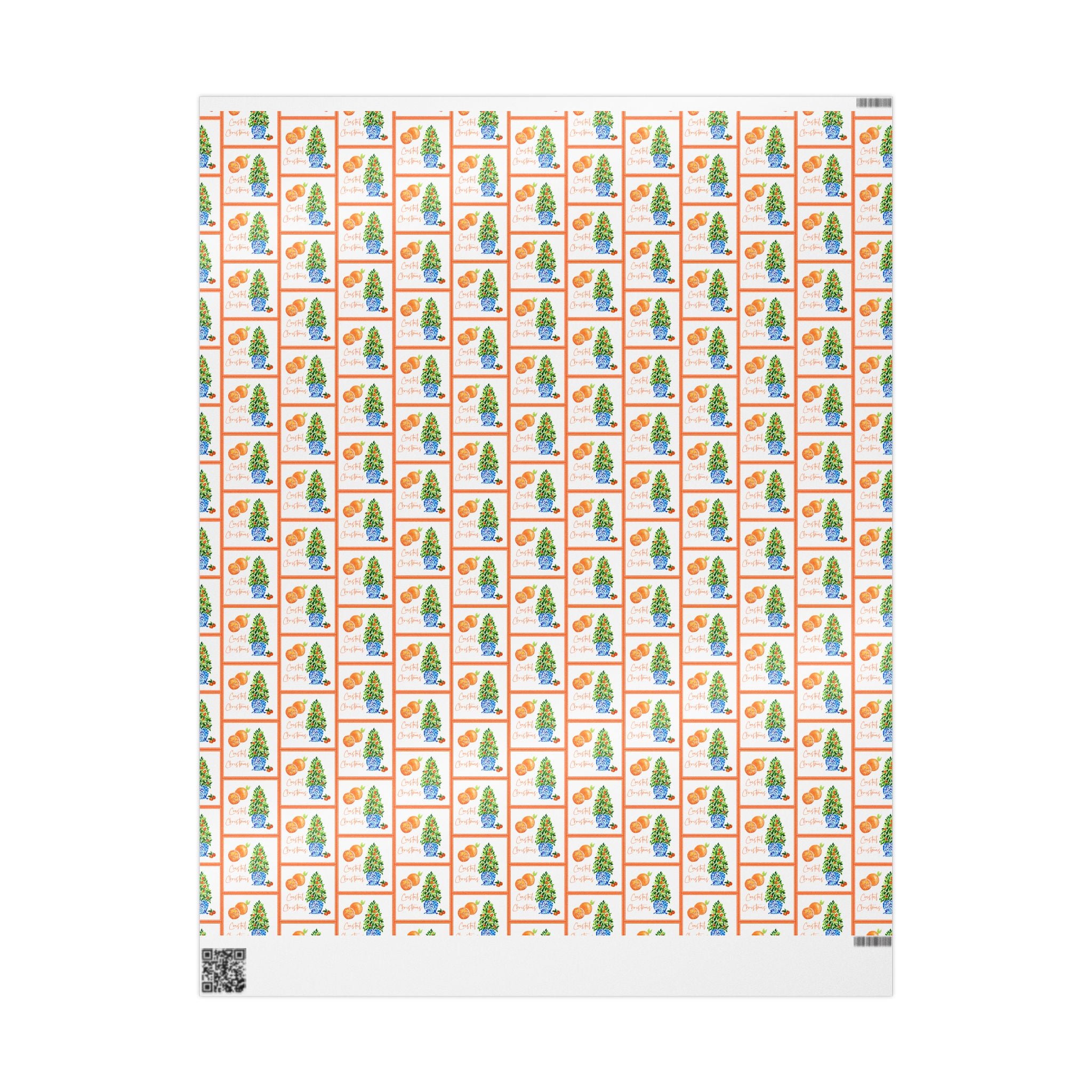 Citrus orange tree wrapping paper with watercolor orange trees in blue and white chinoiserie pots and Coastal Christmas script by Laura Trevey, 30x36 sheet showing the full pattern