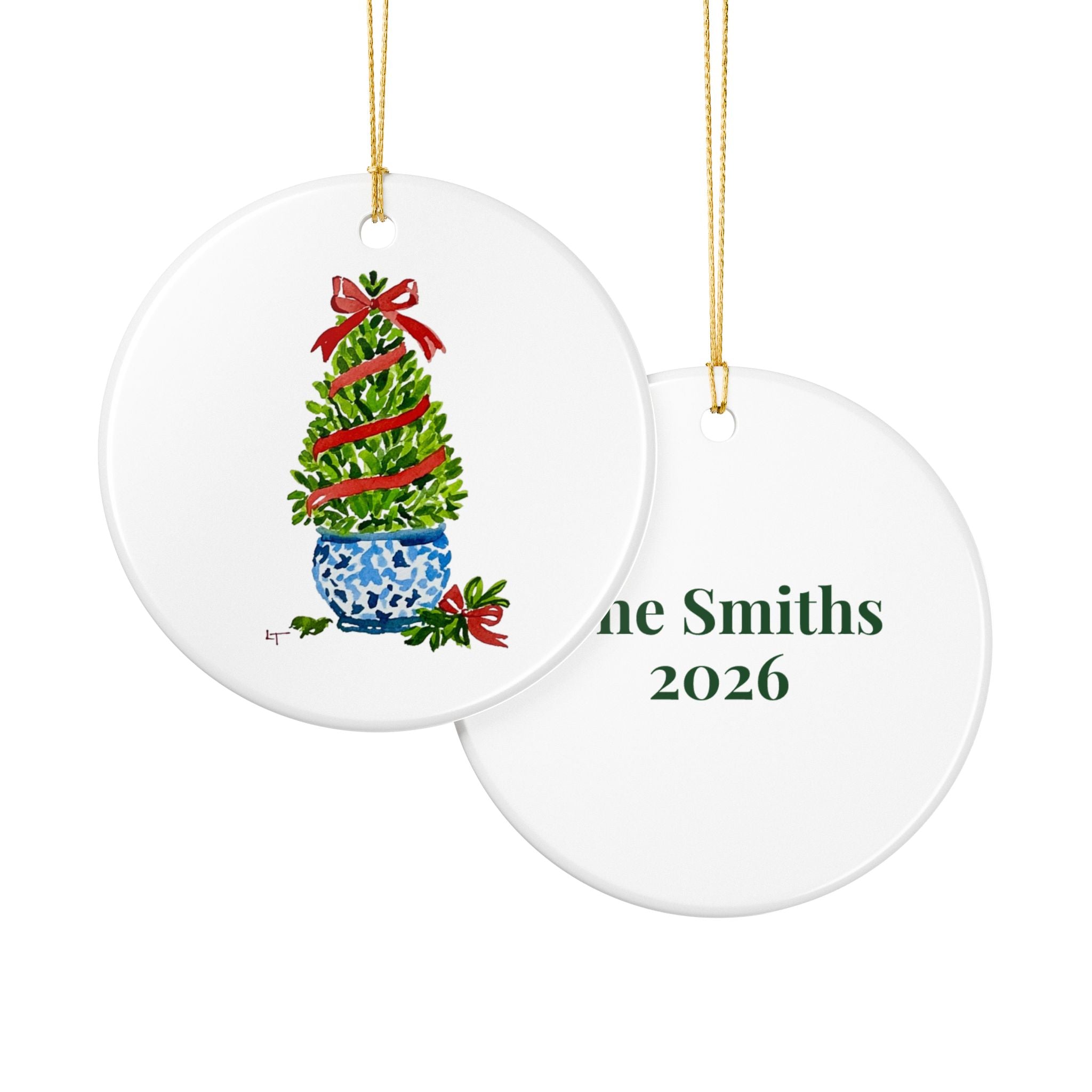 Front and personalized back of the boxwood Christmas topiary ornament