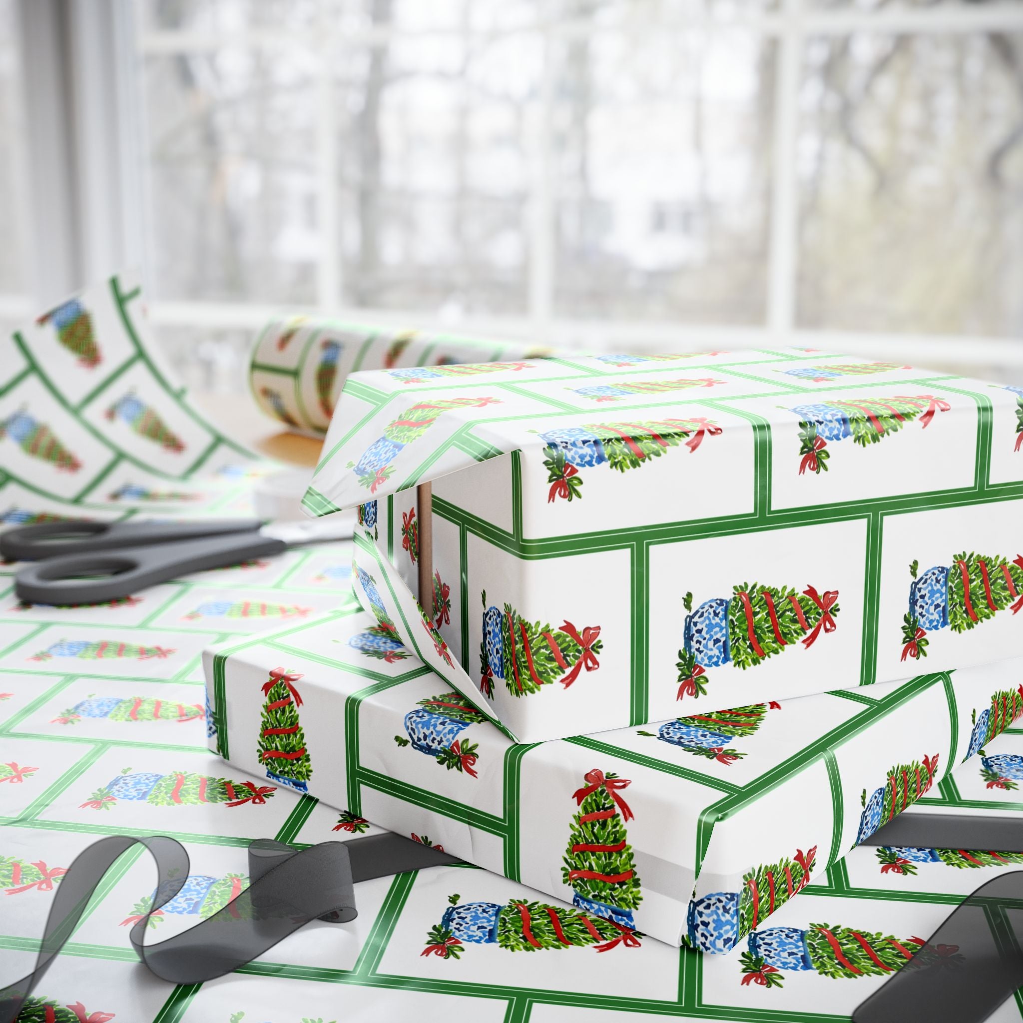Green Frame Topiary Wrapping Paper | Watercolor Boxwood Christmas Gift Wrap