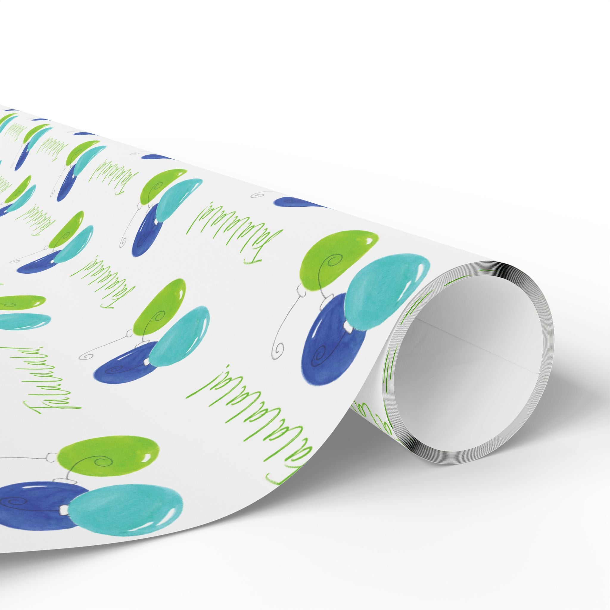 Fa La La La La! Wrapping Paper | Blue & Lime Watercolor Christmas Gift Wrap – close-up of the rolled paper with hand-painted blue, turquoise and lime ornaments and Fa la la la la script