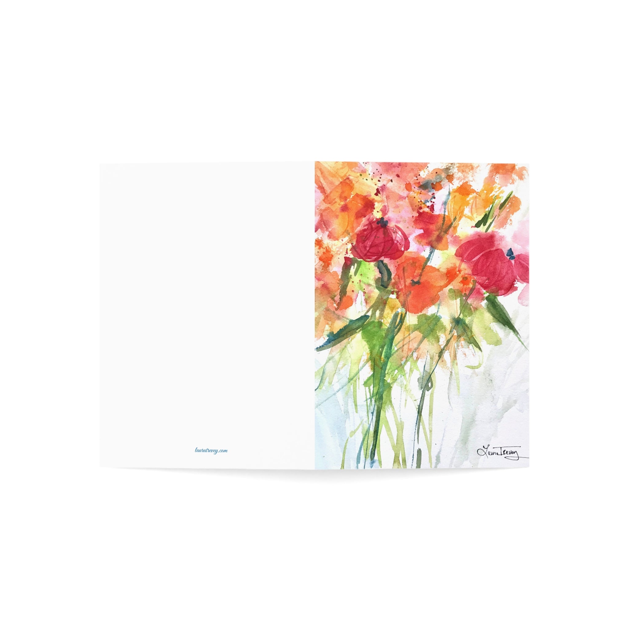 Pretty Floral watercolor greeting card, opened flat showing front and back cover