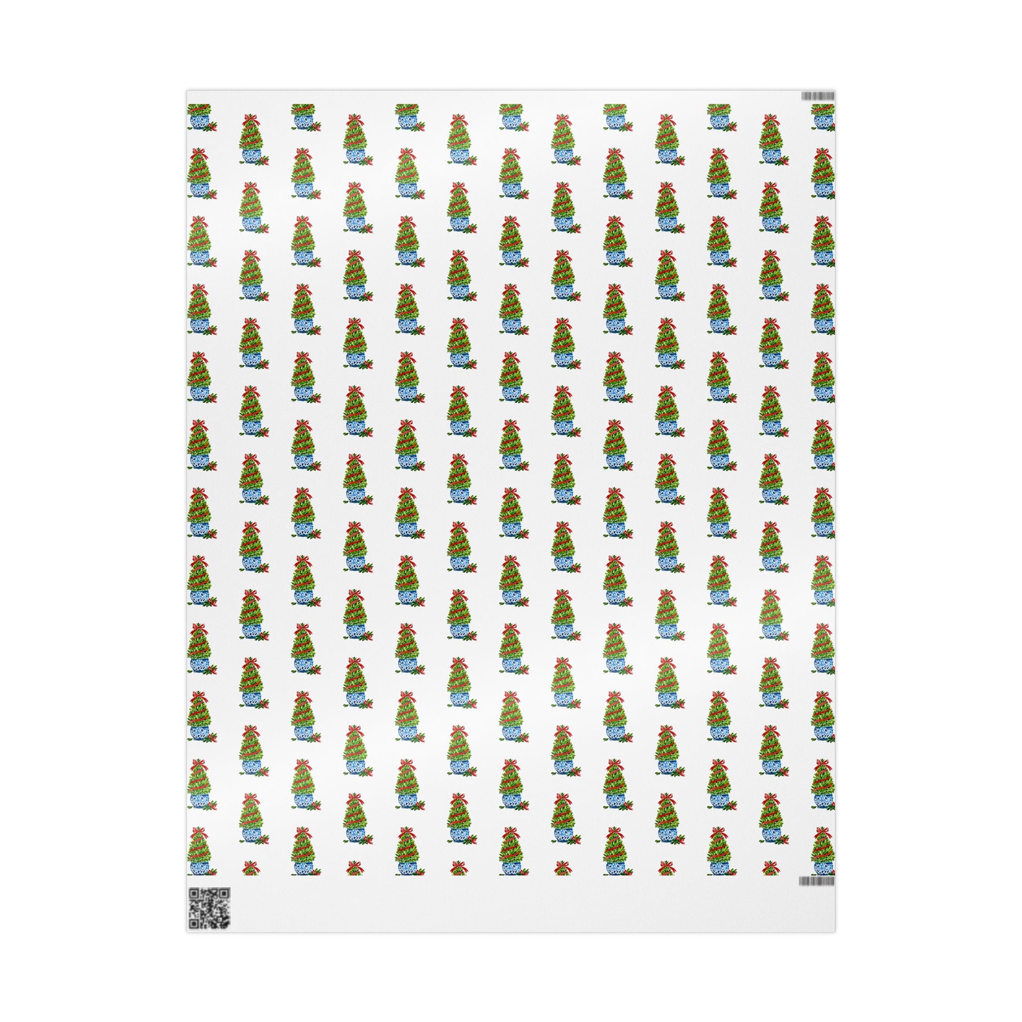Christmas topiary wrapping paper with watercolor boxwood trees in blue and white chinoiserie pots by Laura Trevey, 30x36 sheet showing the full pattern