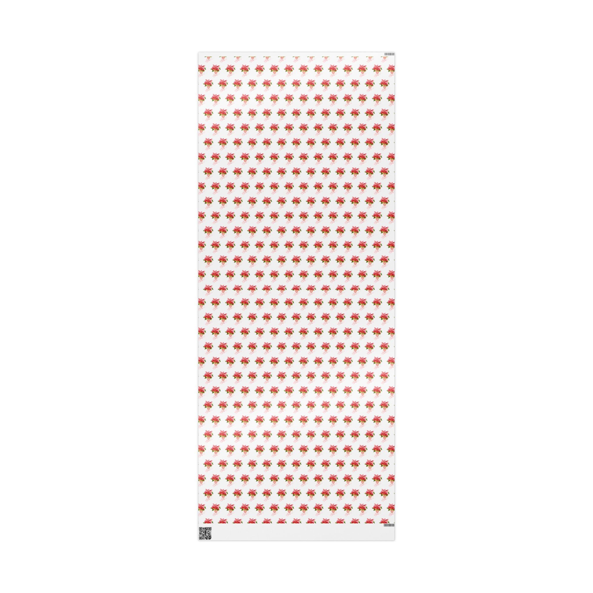 Poinsettia wrapping paper with red watercolor poinsettias on white by Laura Trevey, 30x72 sheet showing the full pattern