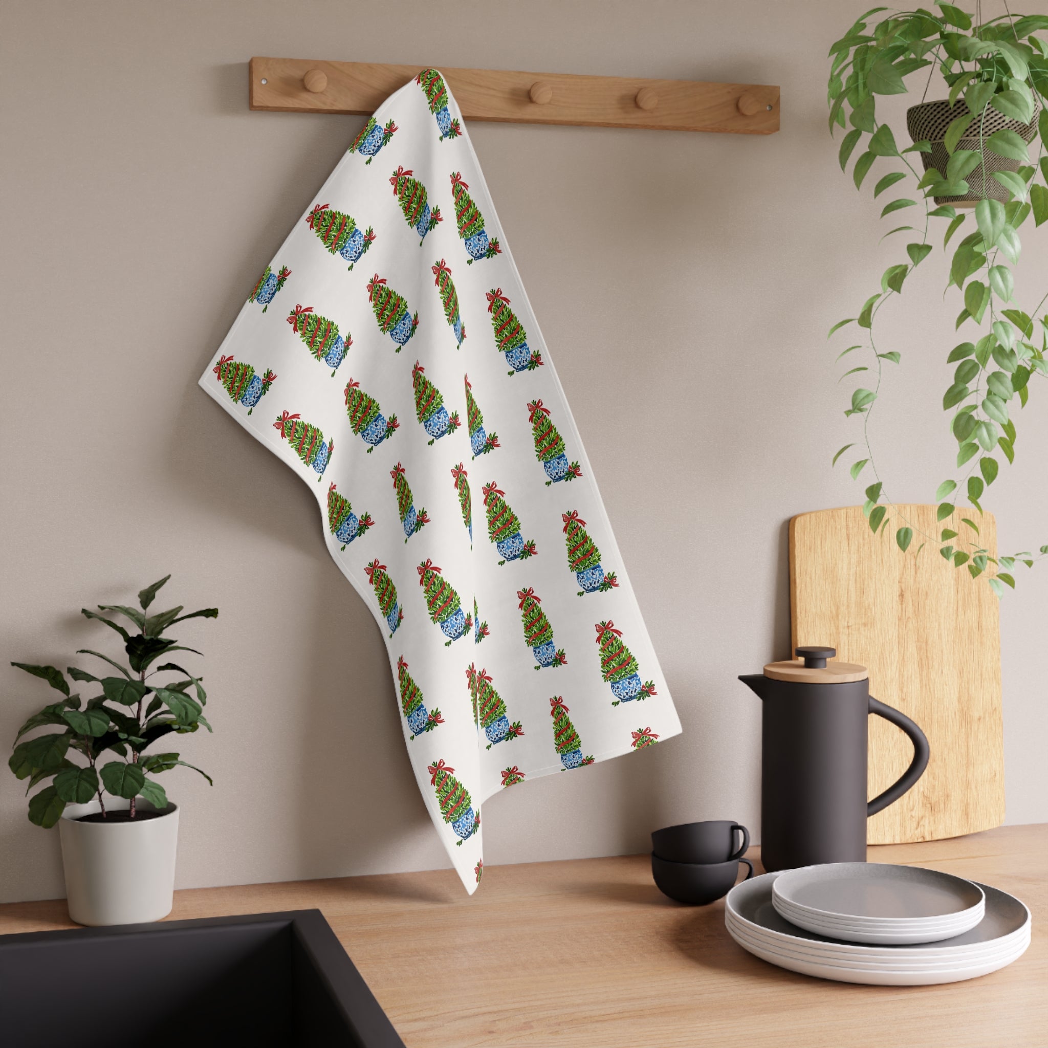 Boxwood Christmas Topiary Tea Towel | Watercolor Holiday Kitchen Towel
