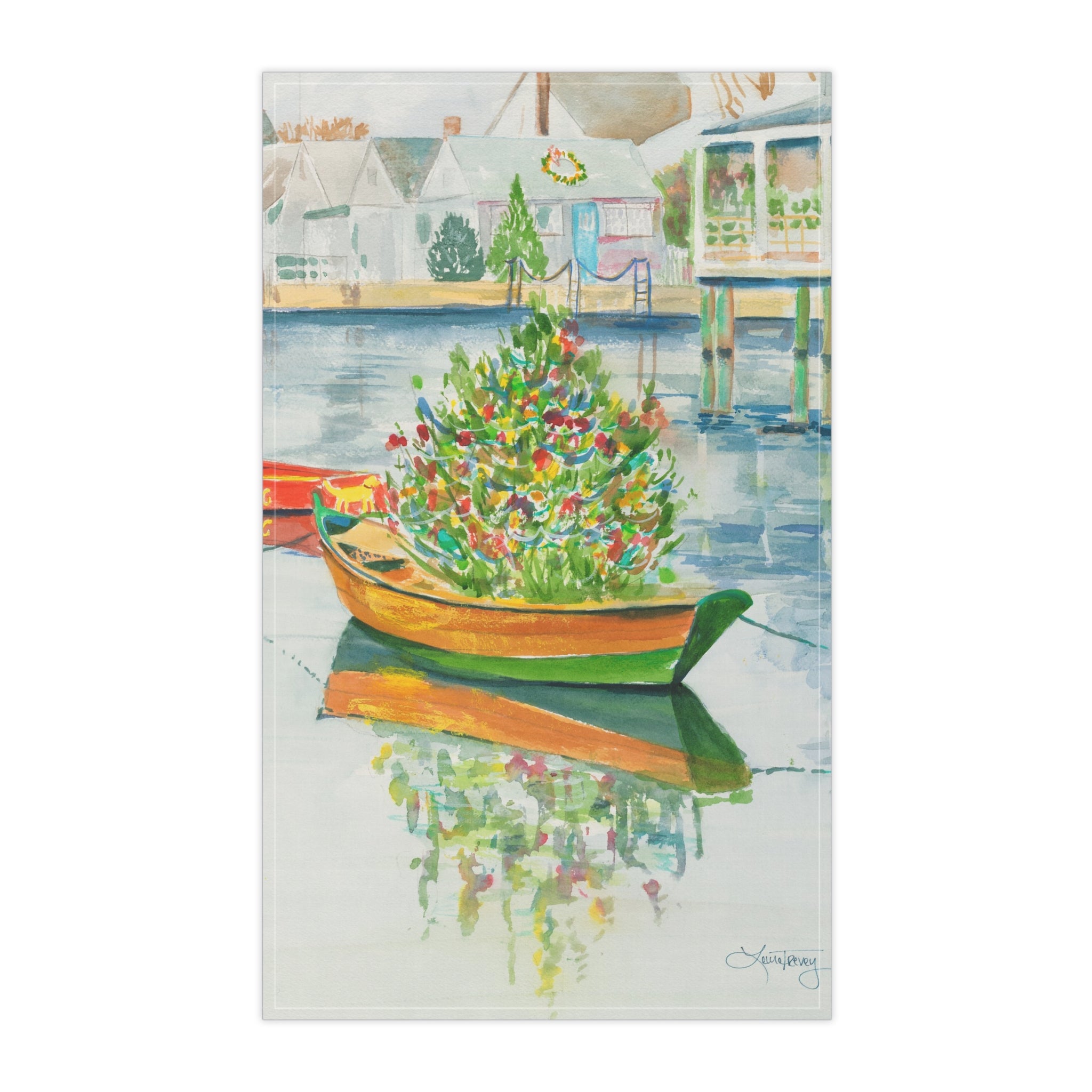 Christmas on Nantucket Tea Towel by Laura Trevey, full front of the tea towel showing the tree-filled dory in Nantucket harbor