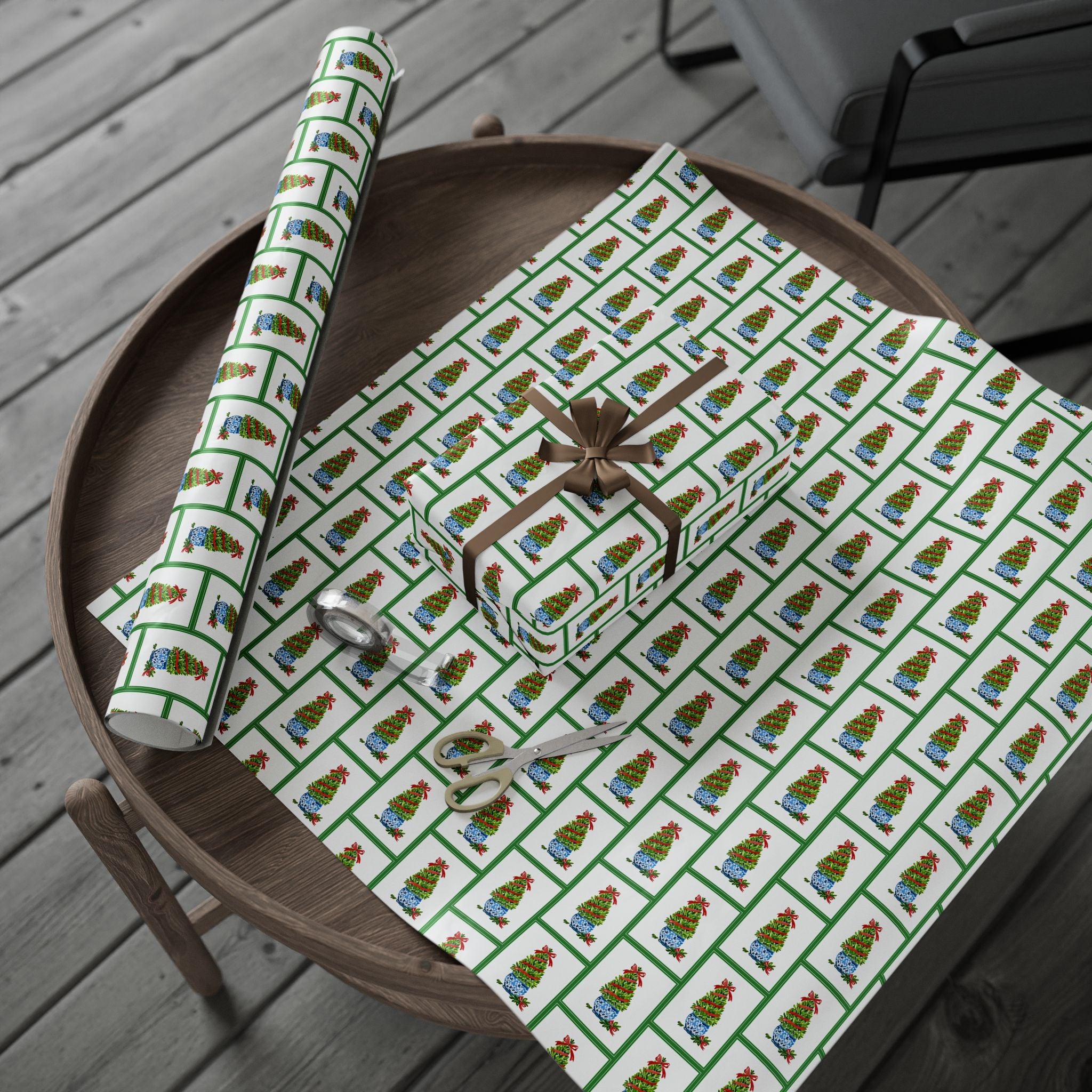 Green Frame Topiary Wrapping Paper | Watercolor Boxwood Christmas Gift Wrap