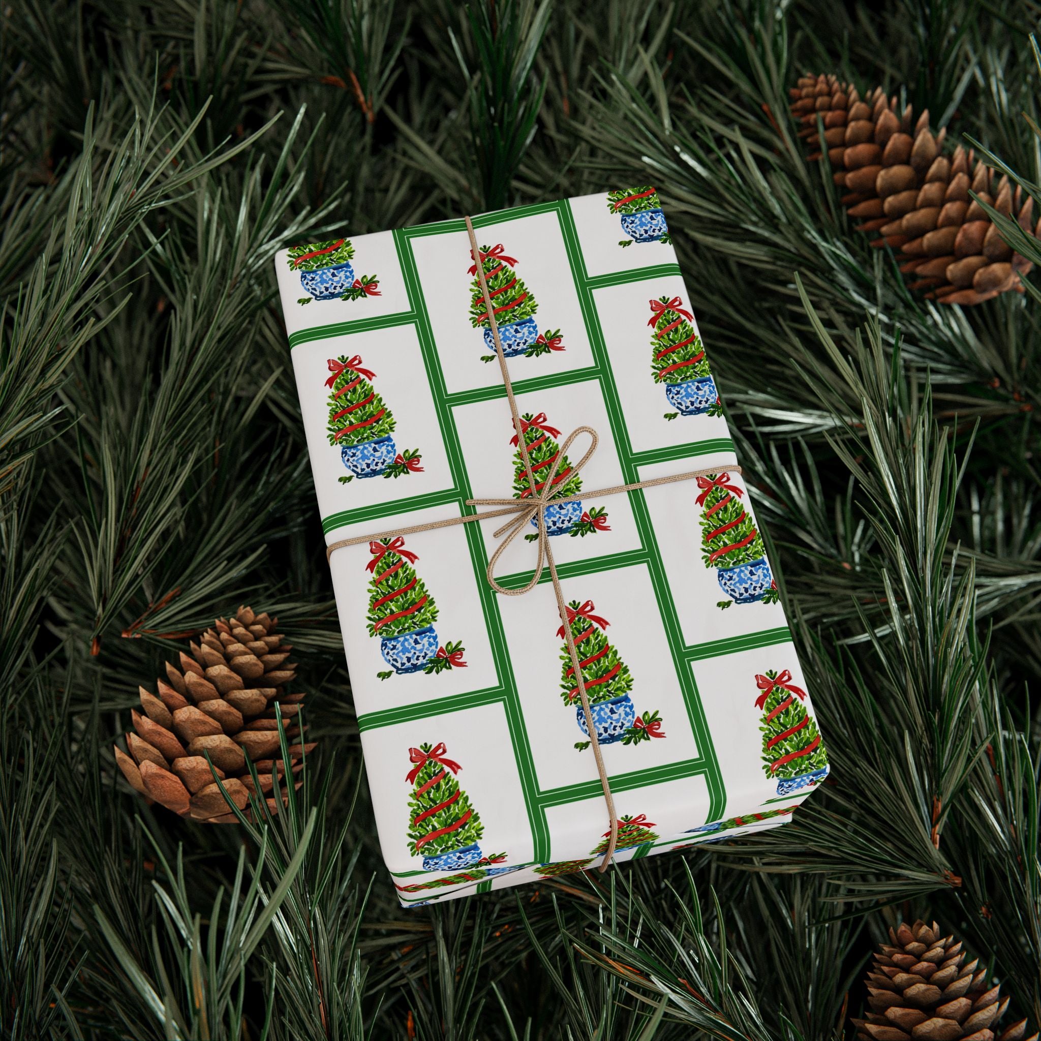 Green Frame Topiary Wrapping Paper | Watercolor Boxwood Christmas Gift Wrap