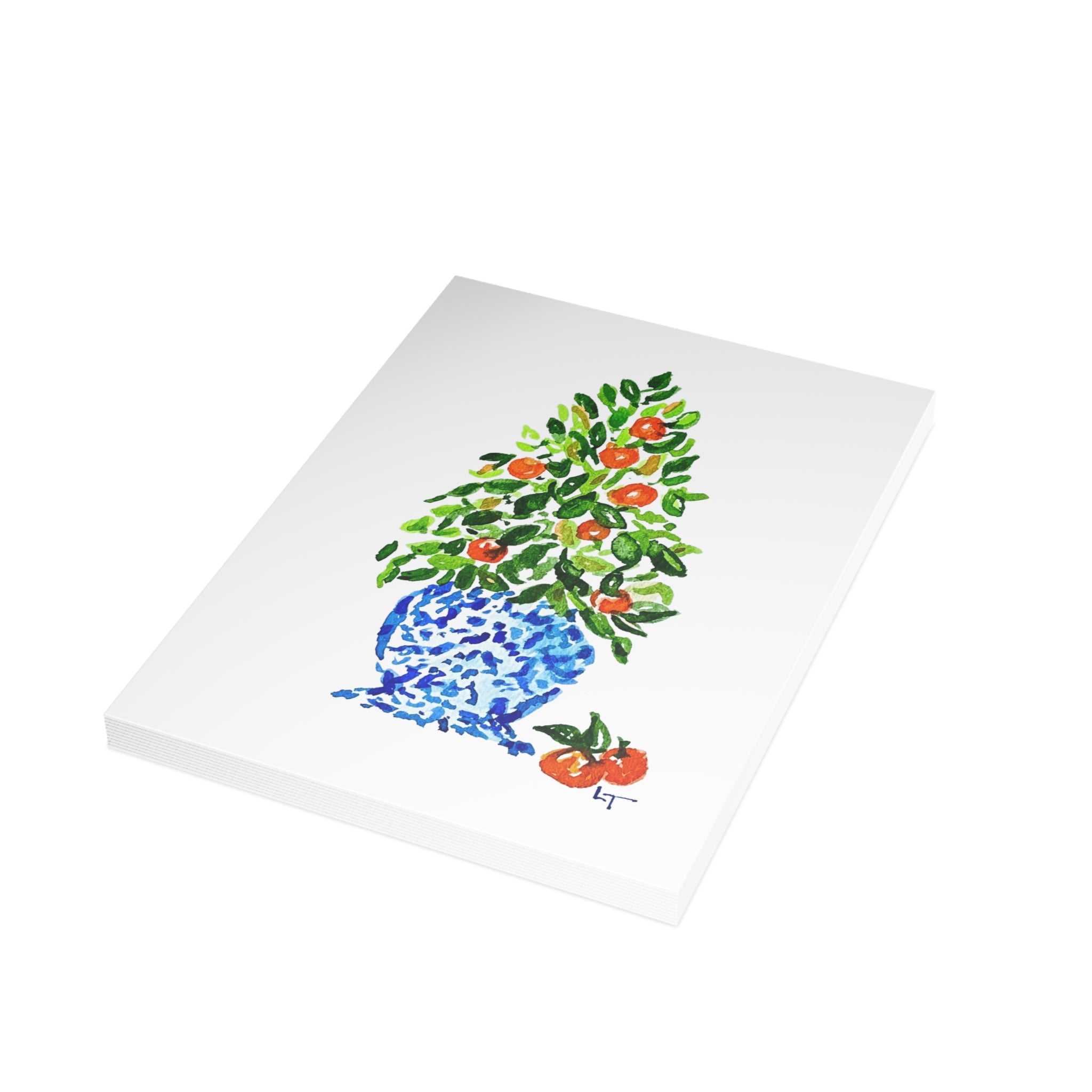 Orange tree Christmas topiary in blue and white chinoiserie pot Christmas card, boxed set of folded cards, by Laura Trevey