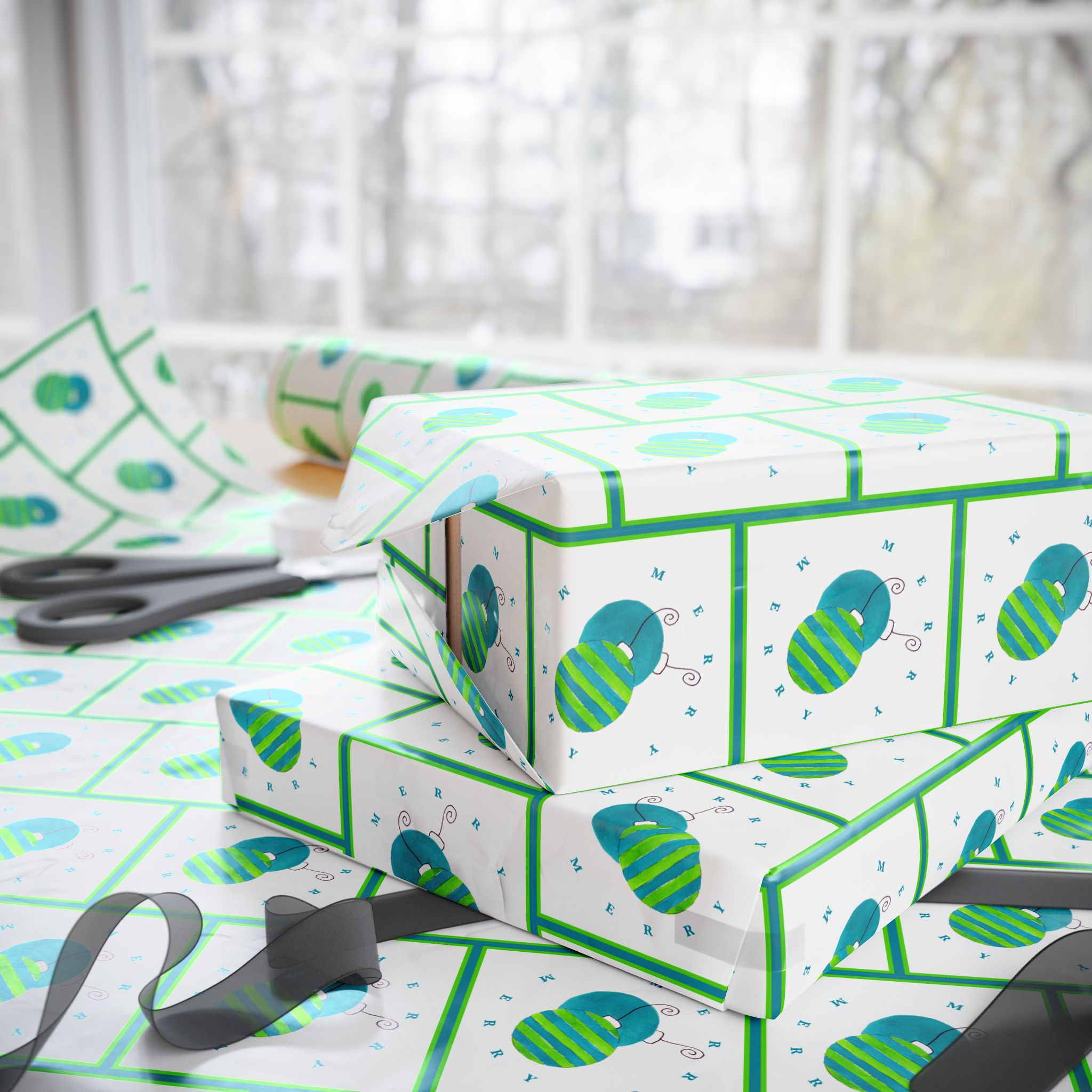 Merry Merry Lime and Teal Ornament Wrapping Paper | Watercolor Christmas Gift Wrap – teal and lime Merry Merry ornament wrapping paper by Laura Trevey