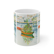 Christmas on Nantucket watercolor ceramic mug by Laura Trevey, part of the holiday gift set